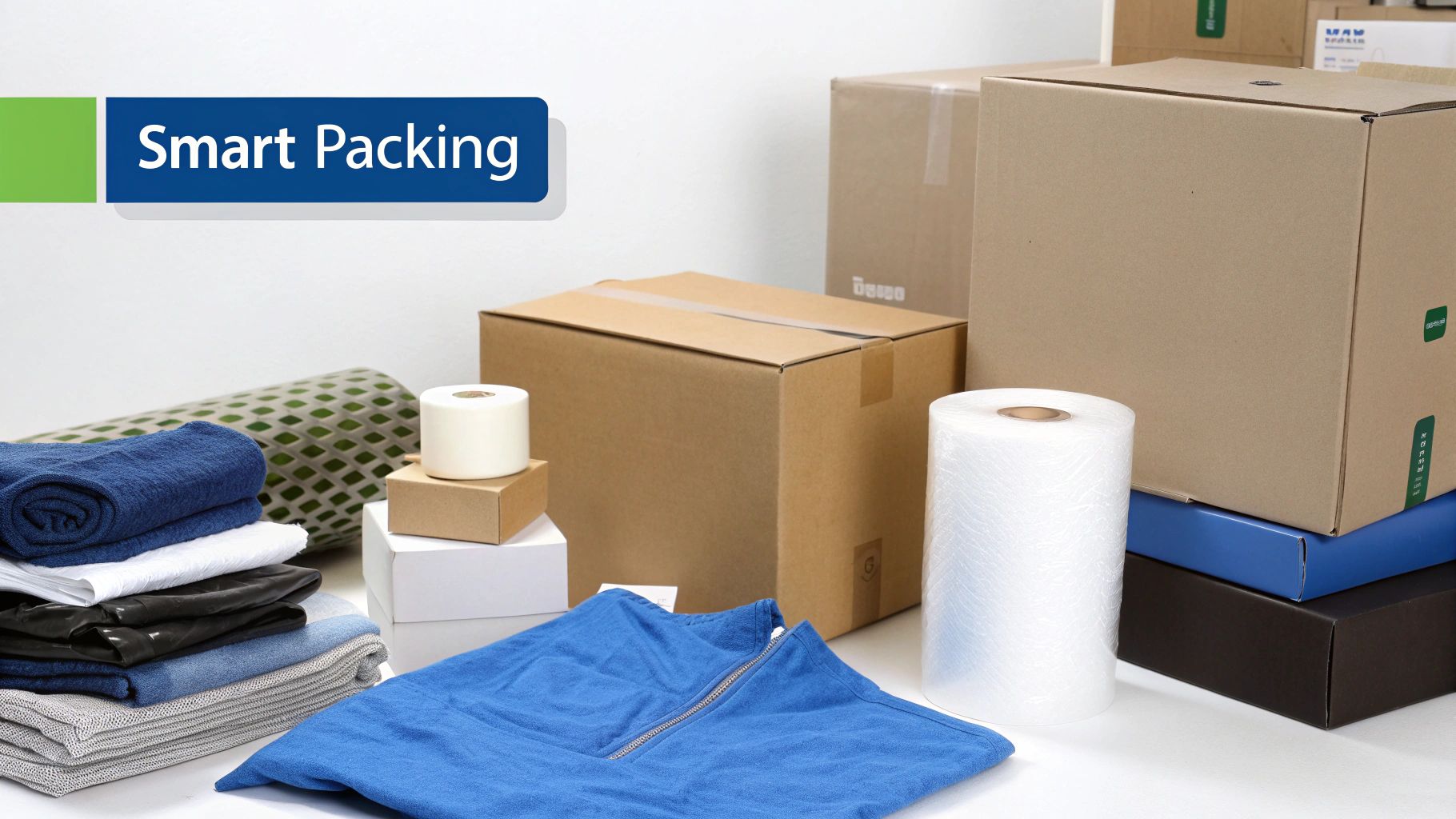A variety of packing supplies, including cardboard boxes, bubble wrap, tape, and folded clothes.