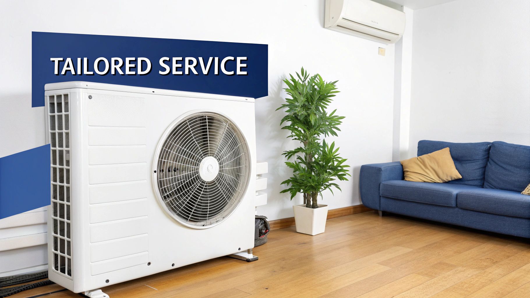 A clean modern living room with air conditioning units, a plant, and a blue sofa, advertising 'Tailored Service'.
