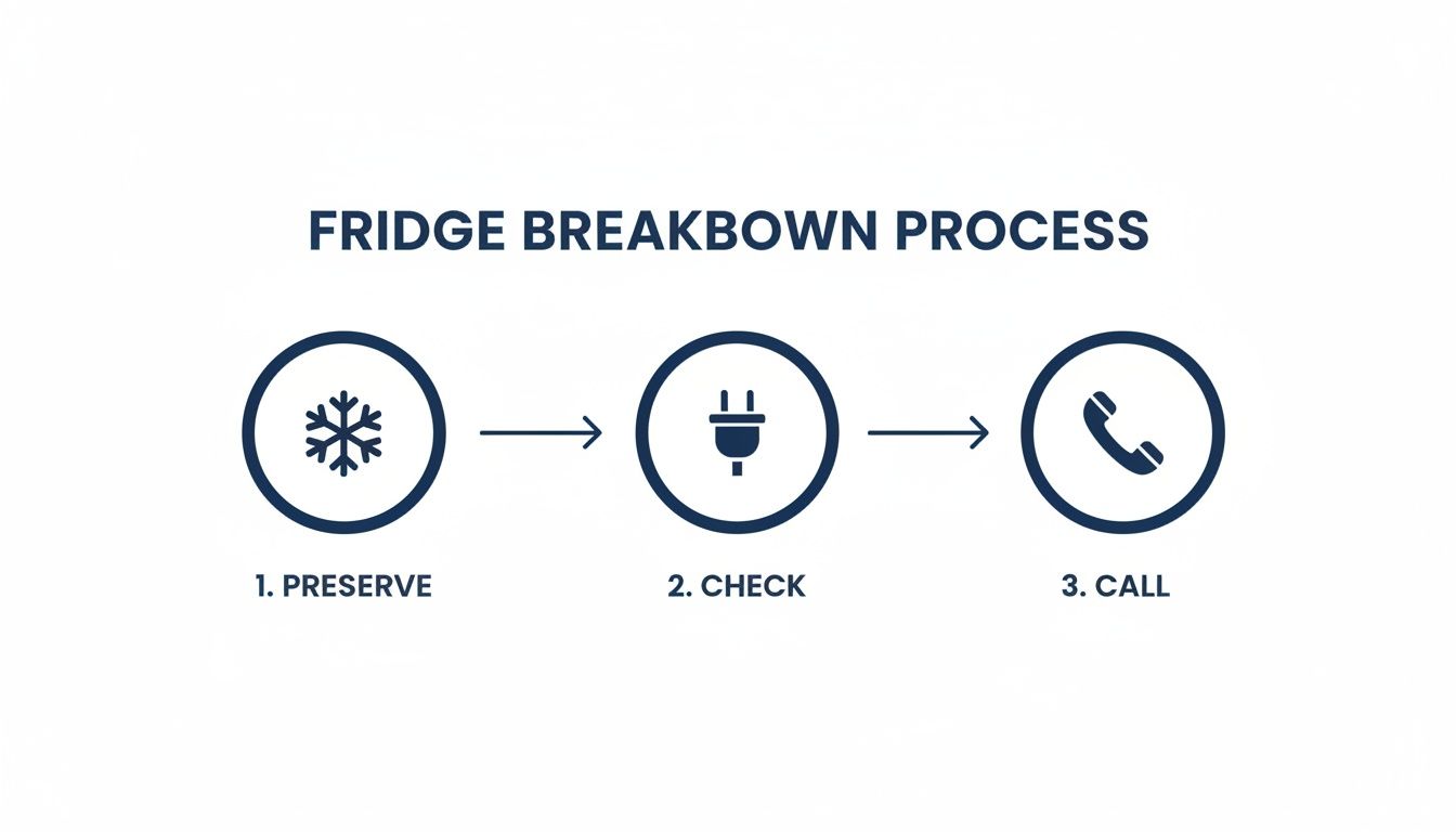 Infographic showing a three-step fridge breakdown process: preserve, check, and call for repairs.