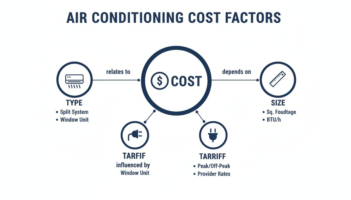 A diagram illustrating key factors influencing air conditioning costs, including type, size, and electricity tariffs.