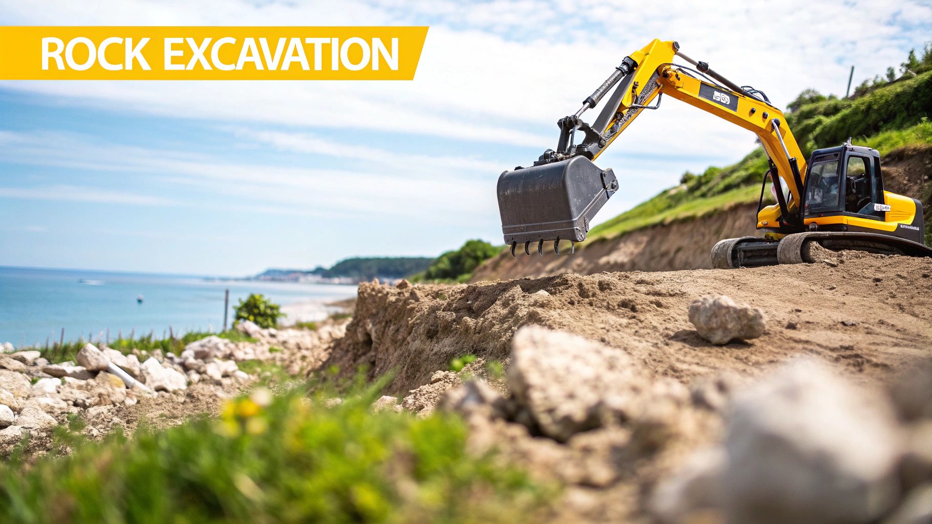 A yellow excavator with its bucket positioned for rock excavation on a sandy slope by the sea.