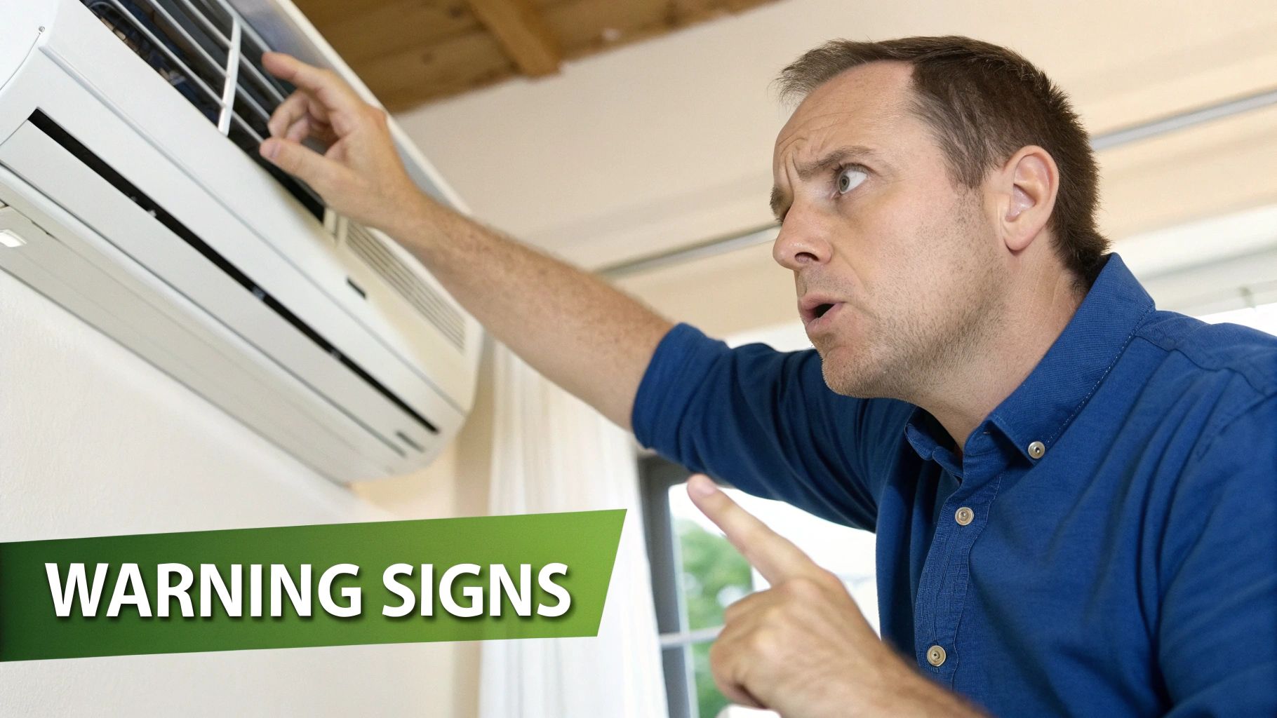 A concerned man inspecting a wall-mounted air conditioner, with 'WARNING SIGNS' text.
