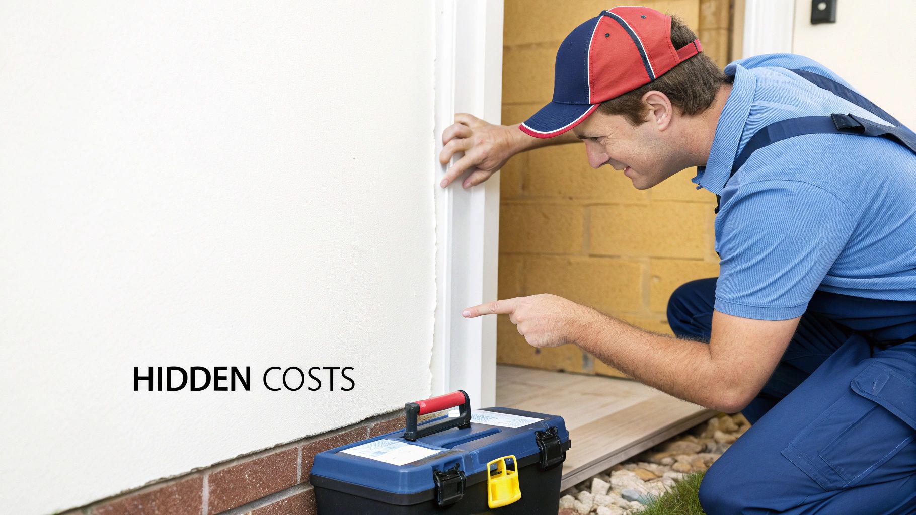 A technician in a blue uniform points at a wall defect, with a toolbox nearby, illustrating hidden costs.