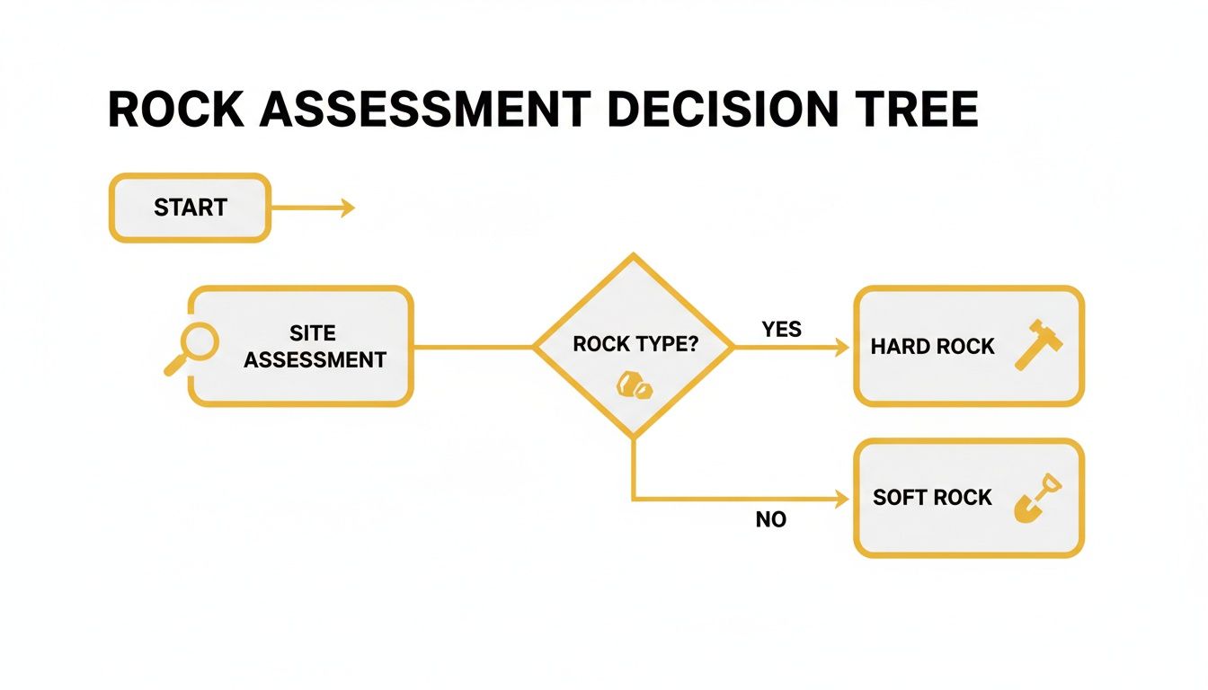 Flowchart illustrating a rock assessment decision tree, moving from site assessment to classify rock as hard or soft.