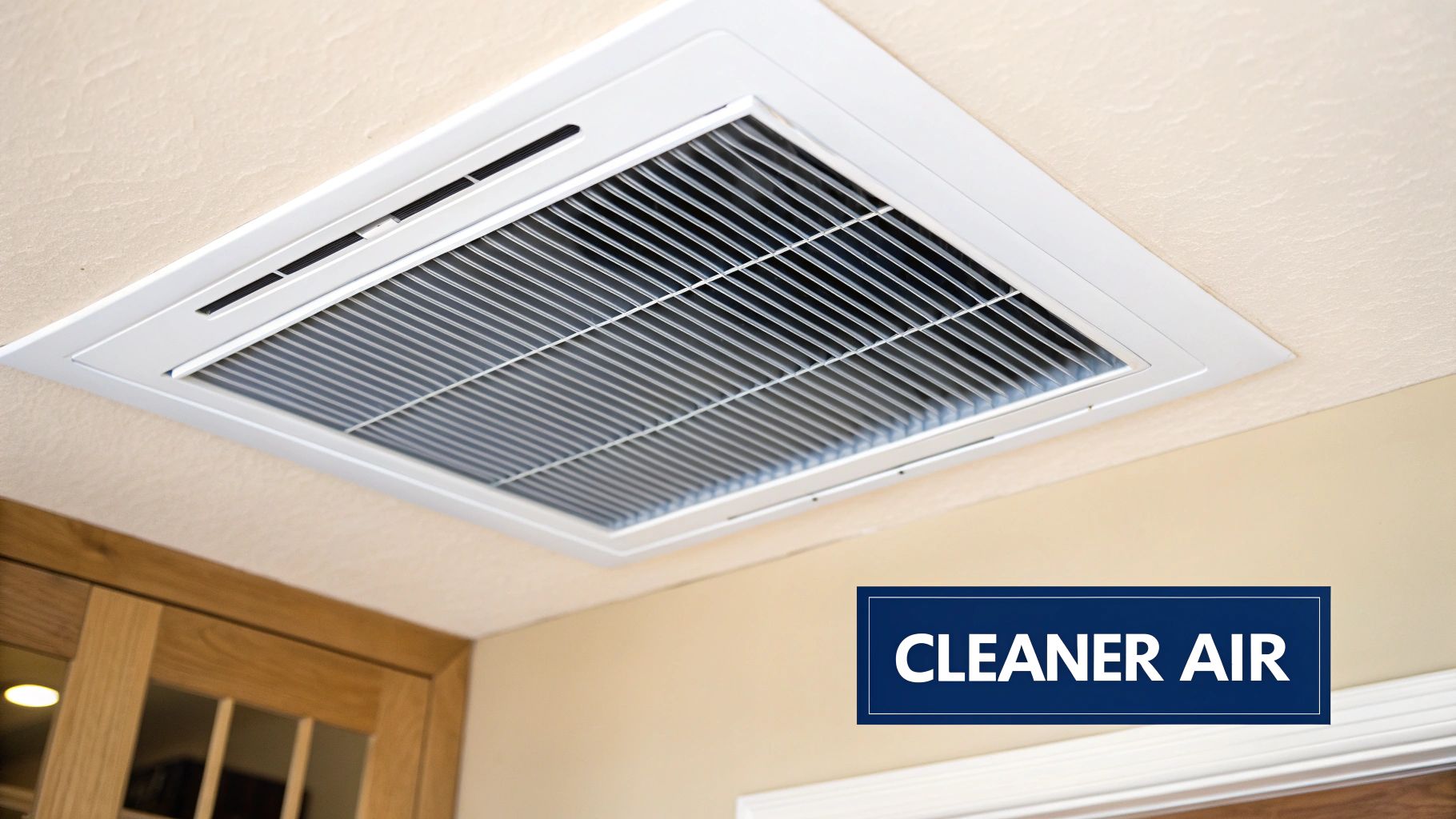 A white, square ducted air conditioner filter installed flush in a beige ceiling, promoting cleaner air.