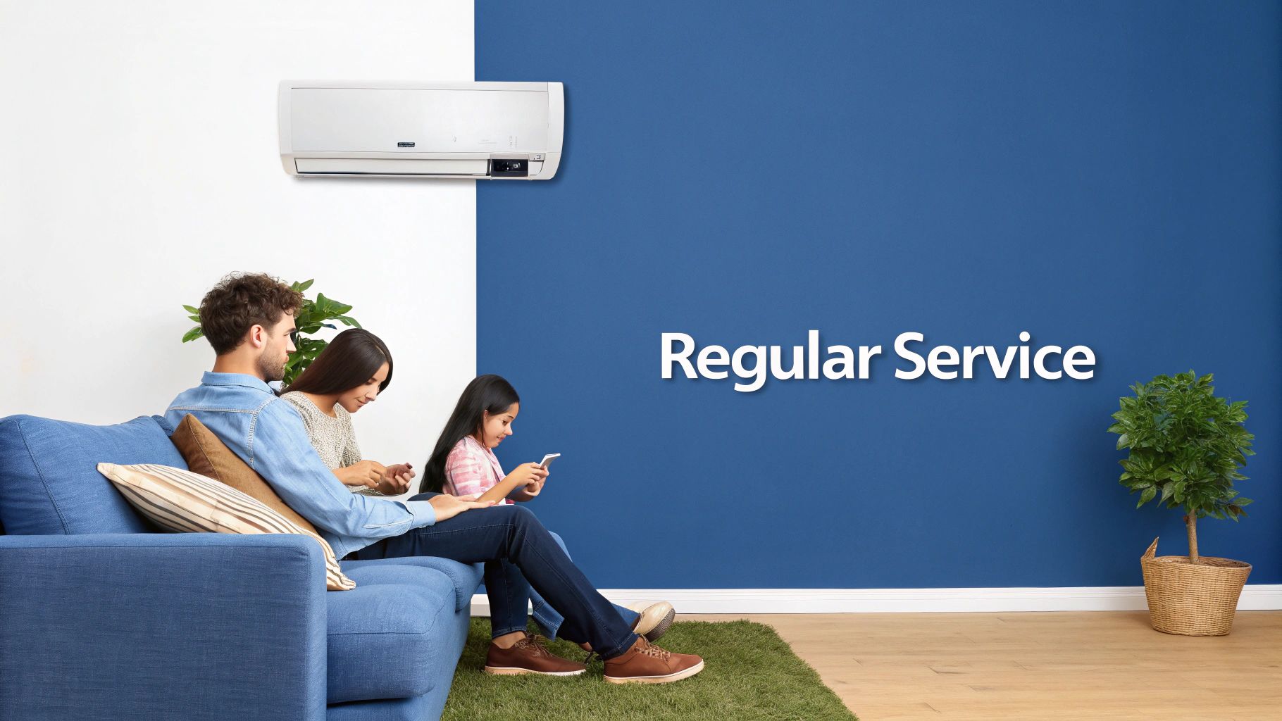A family sits on a couch in a living room with a split system air conditioner on the wall, emphasizing regular service.