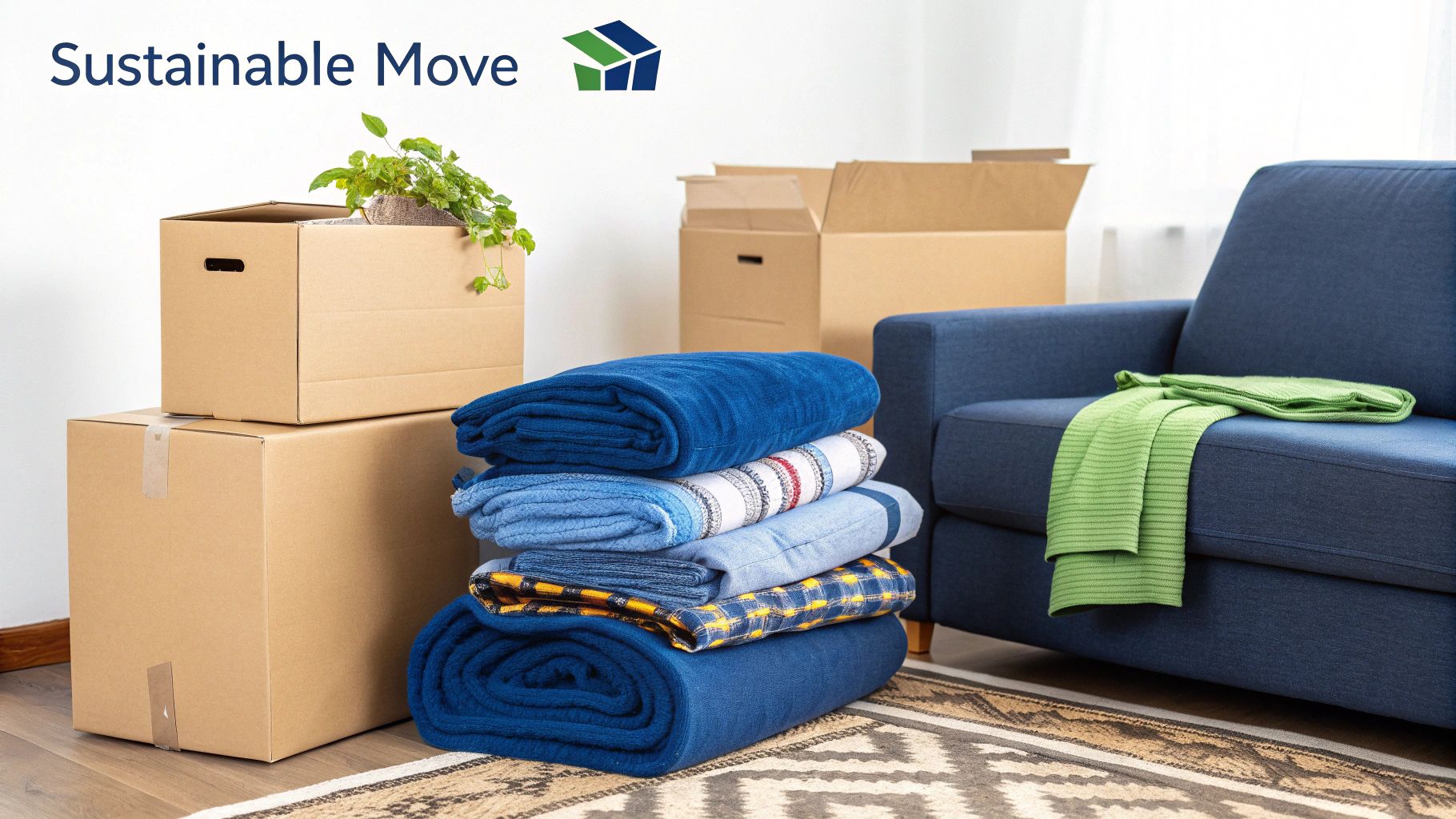 A room in the middle of moving, featuring cardboard boxes, stacked blankets, and a blue sofa.