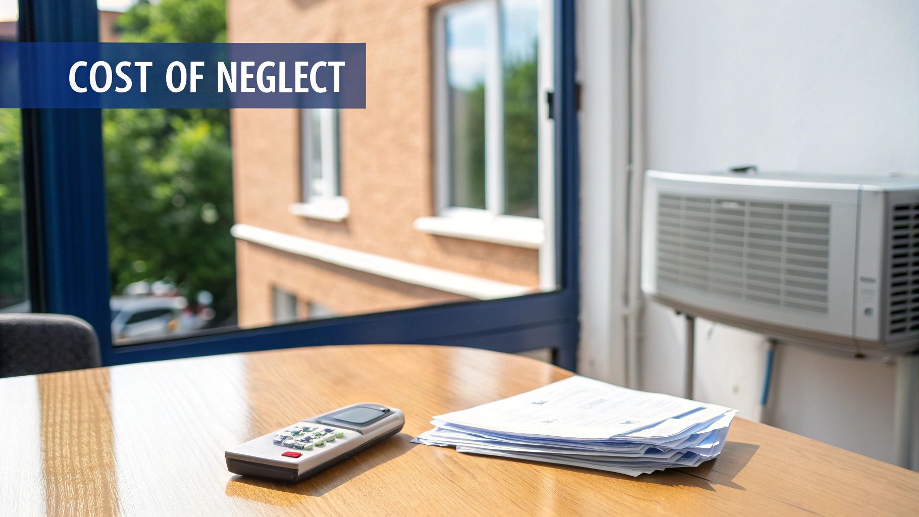A desk with a remote control, stacked papers, and an air conditioner with a 'Cost of Neglect' banner.