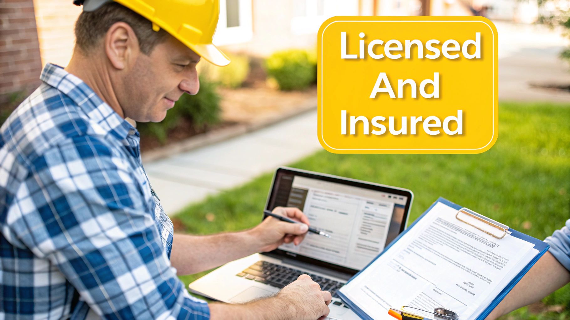 A contractor reviewing building plans on a construction site for a retaining wall.