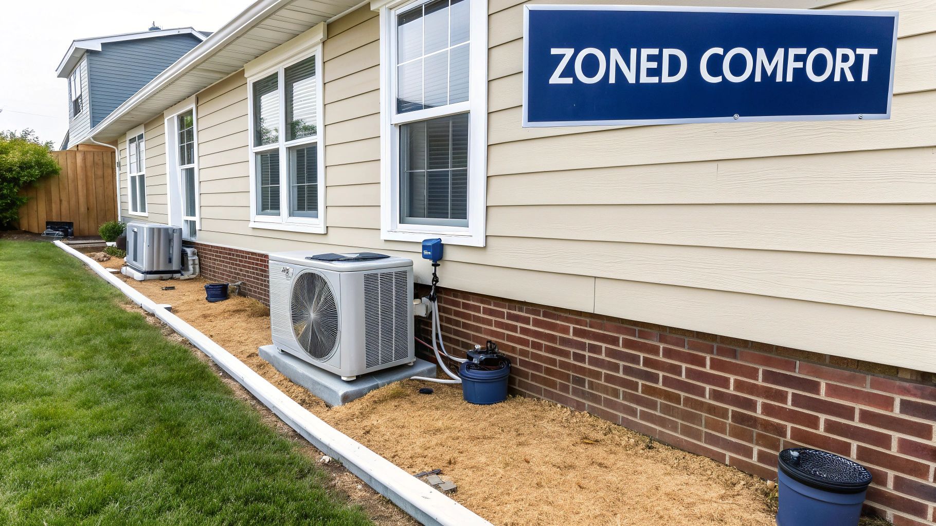 Two outdoor units of a multi-split air conditioning system next to a house, with a 'ZONED COMFORT' sign.