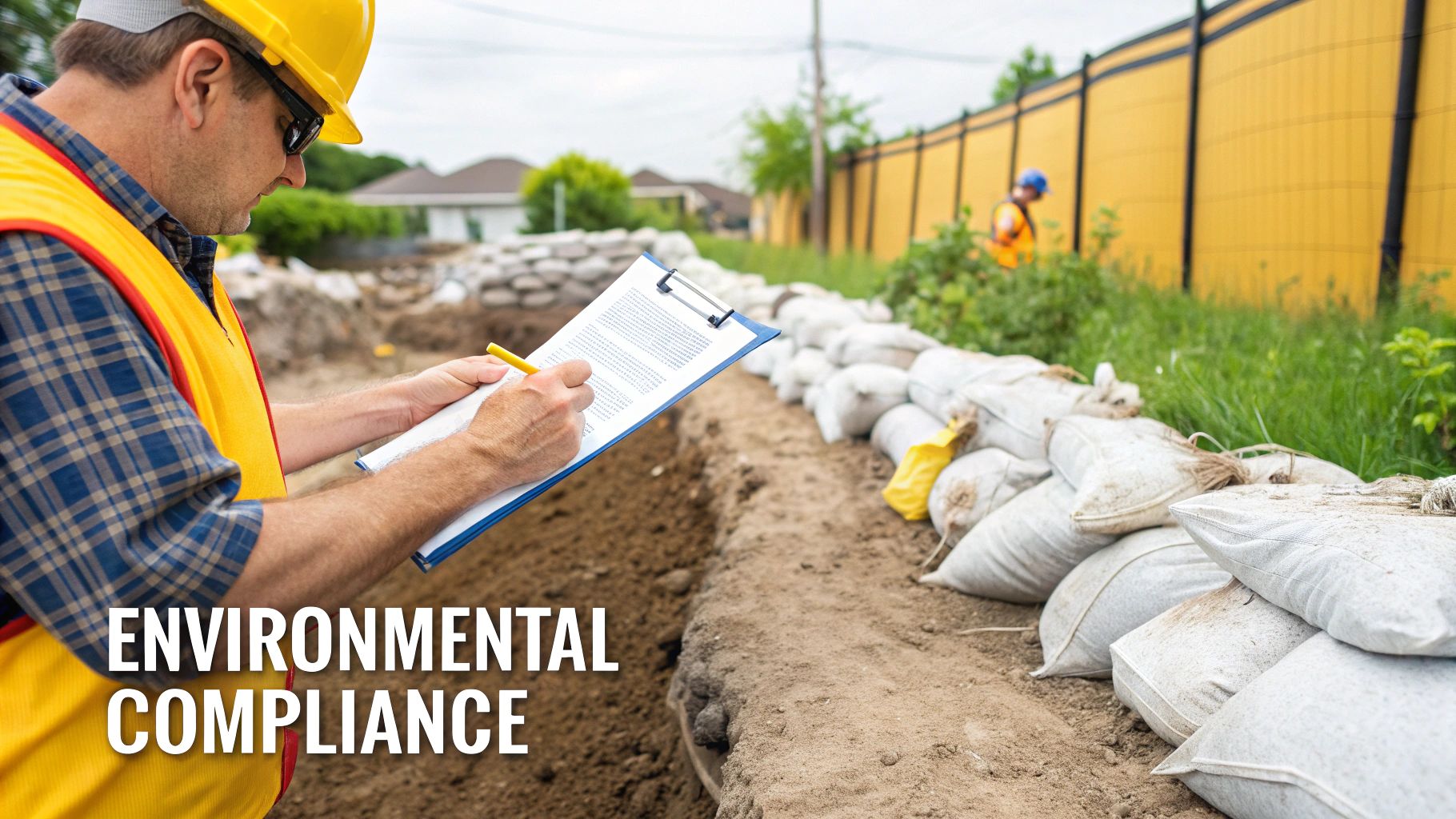 An inspector in a hard hat and safety vest checks environmental compliance at a construction site with sandbags.