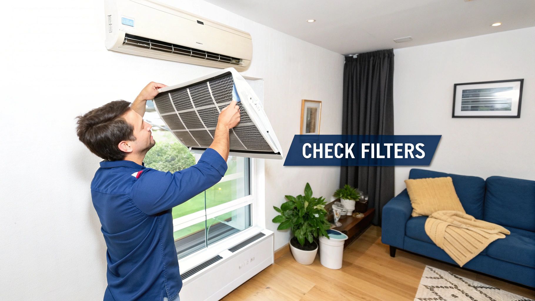 A man opening an air conditioning unit to check and clean the internal filters.