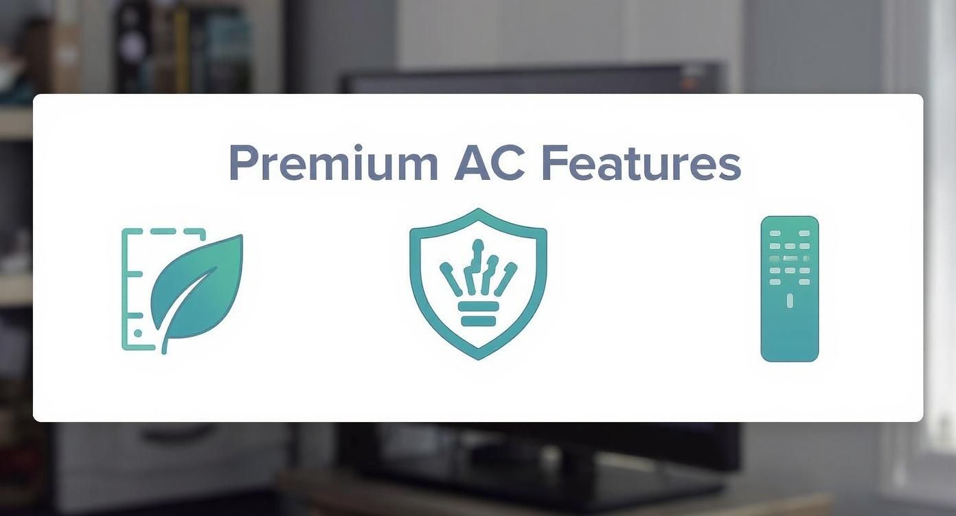 Diagram showing 'Premium AC Features' with icons for eco-friendly operation, smart protection, and remote control.