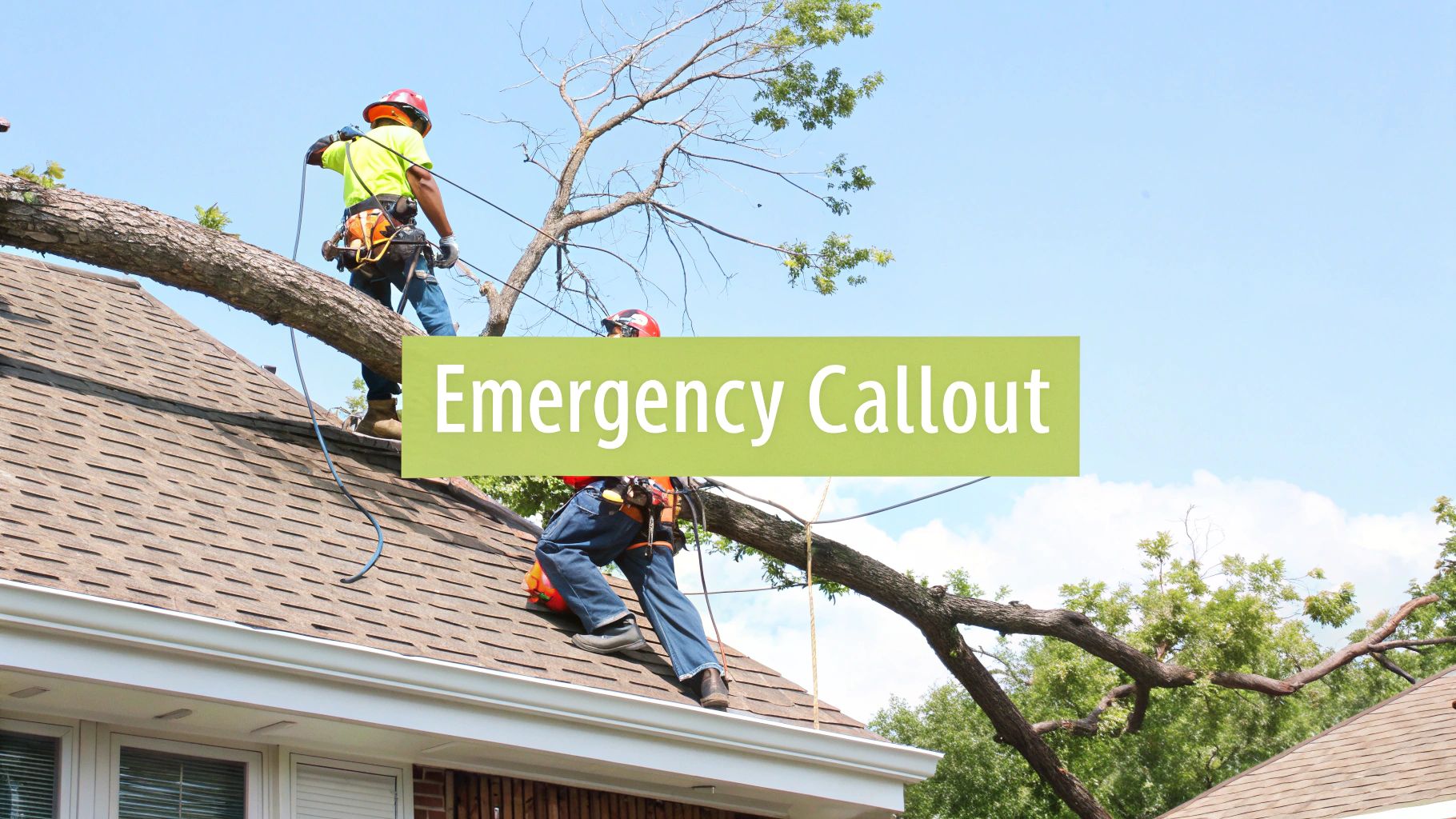 Arborists on a house roof removing a large fallen tree branch during an emergency callout.