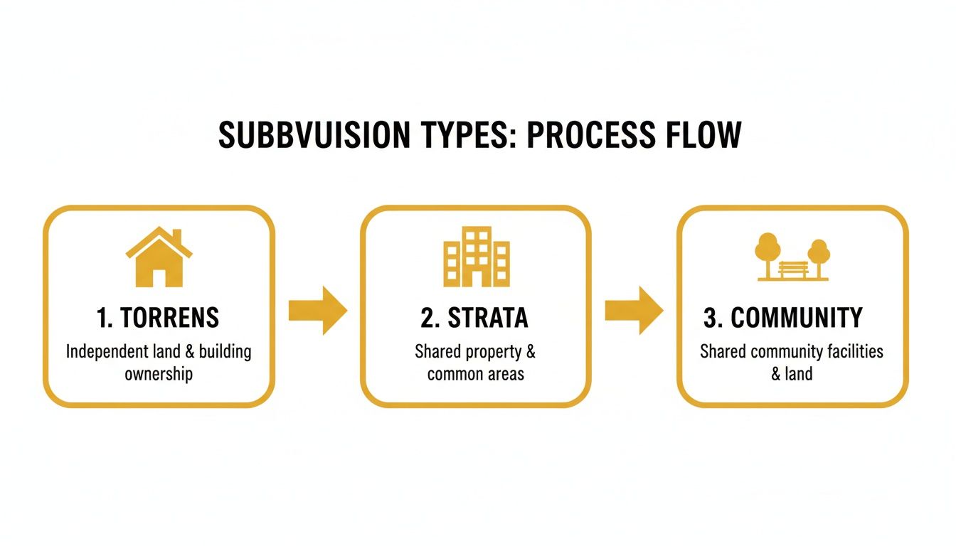 Diagram showing three subdivision types: Torrens for independent ownership, Strata for shared property, and Community for shared facilities.
