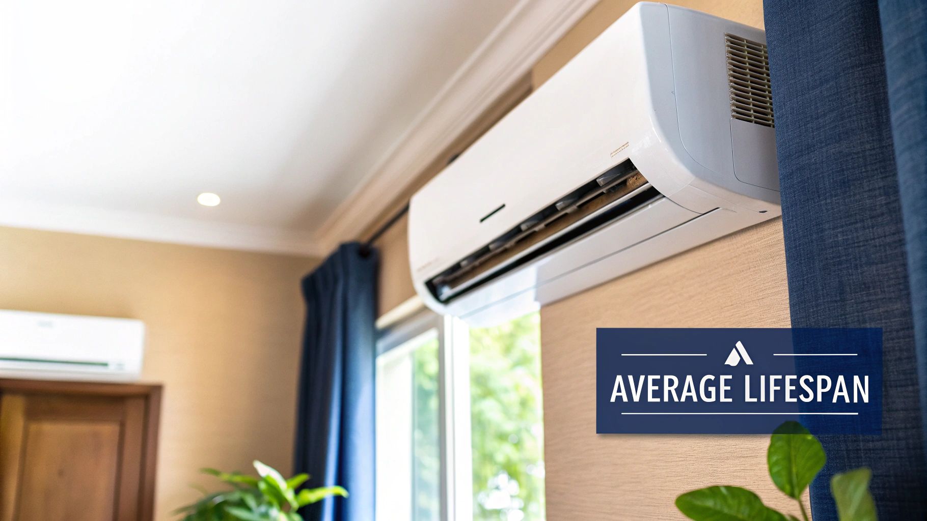 A modern split system air conditioner unit mounted on a living room wall, cooling the space efficiently.