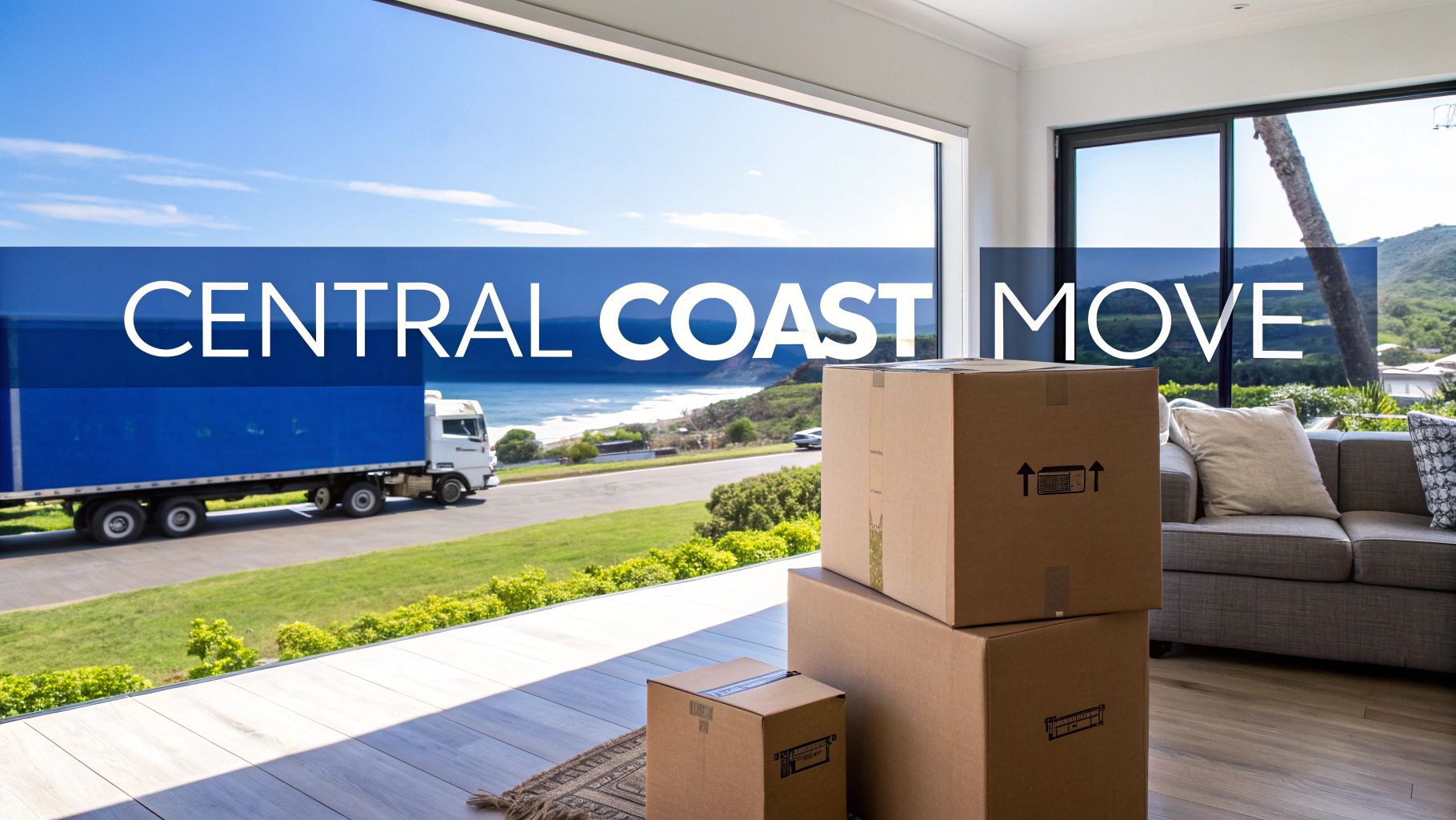 Moving boxes stacked inside a bright room with a view of a beach, ocean, and a moving truck.