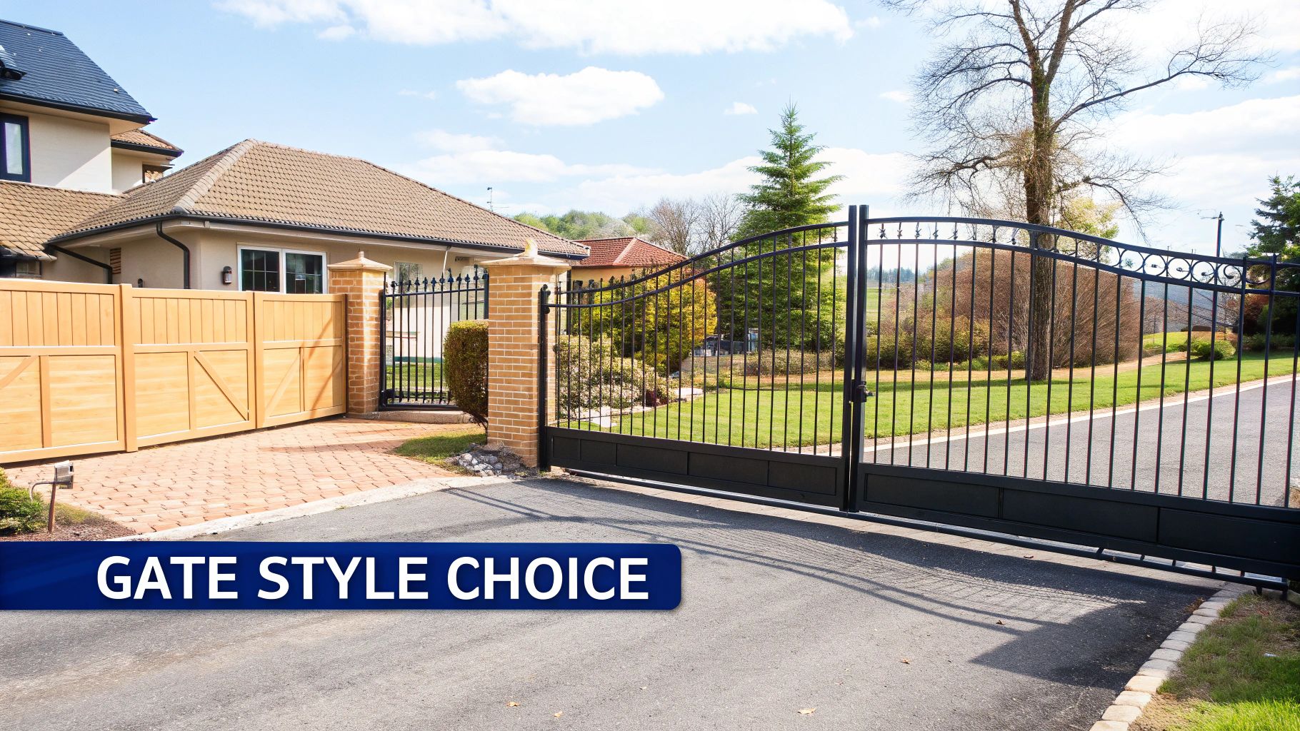 A sleek, modern sliding gate next to a classic swinging gate on a suburban property
