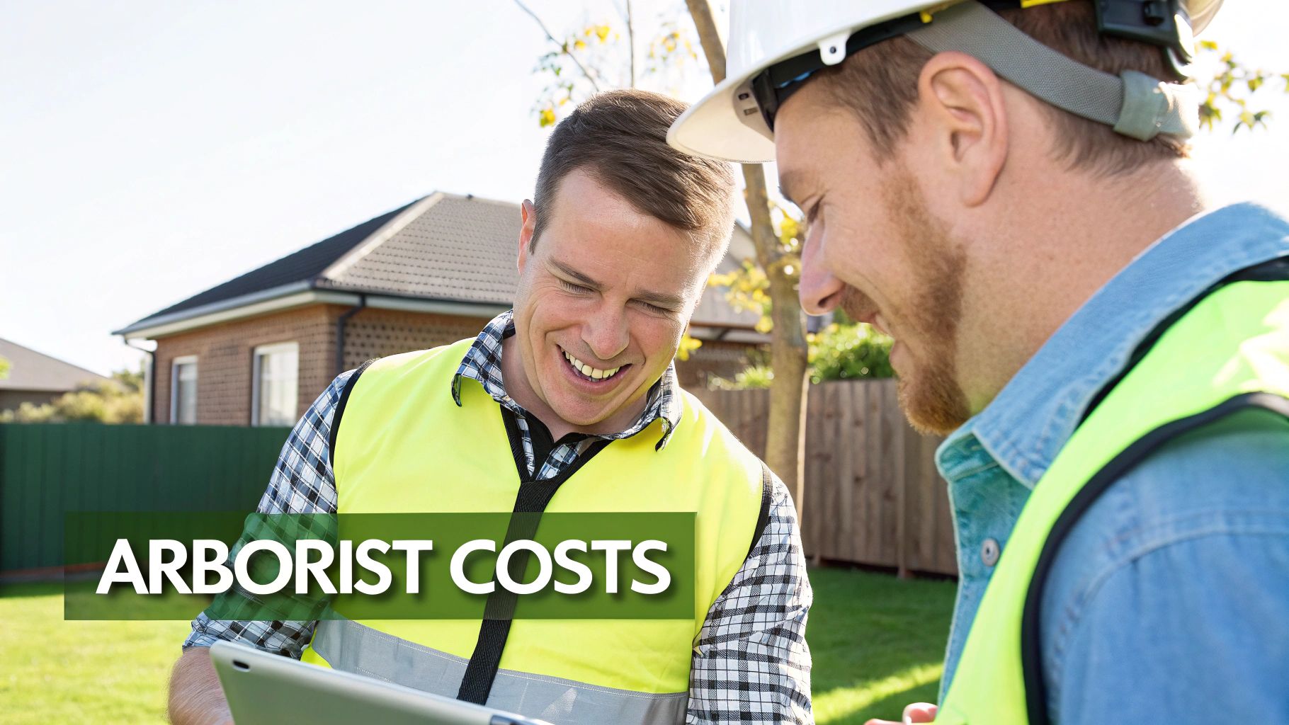 Two smiling men in safety vests looking at a tablet outdoors, with 'ARBORIST COSTS' text.