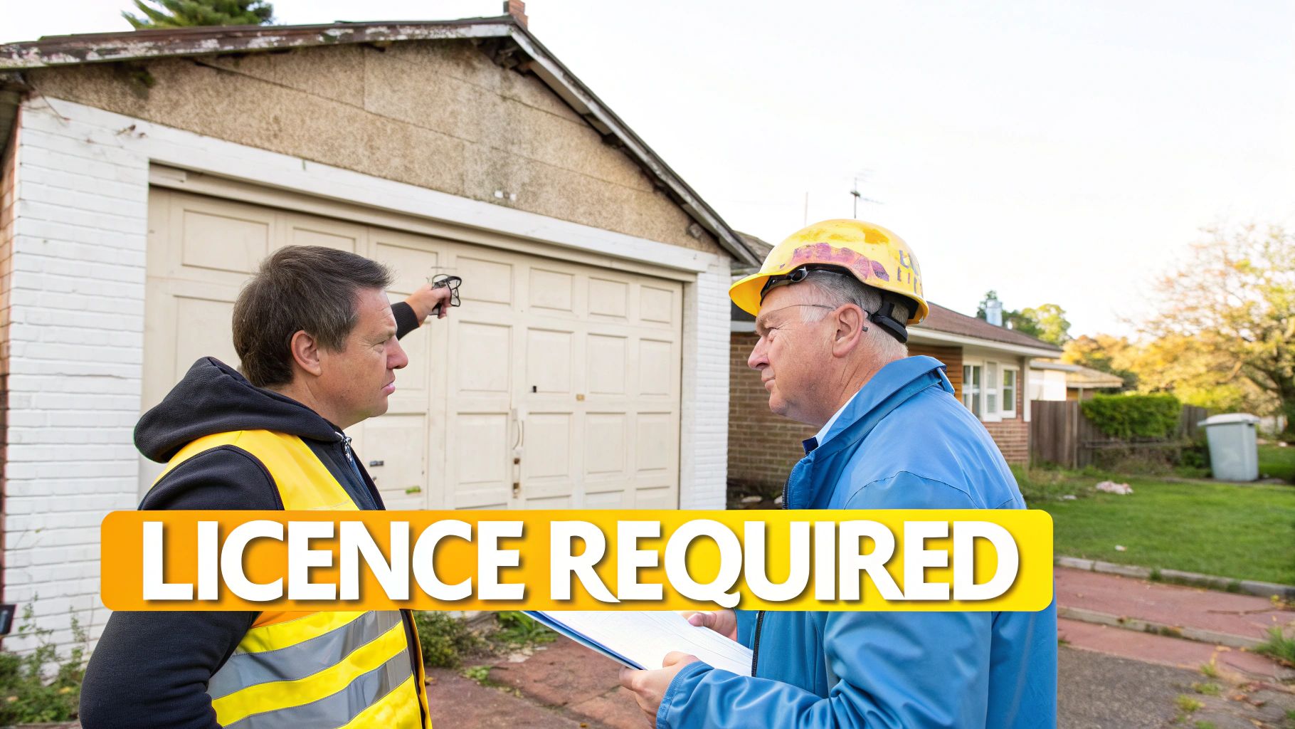 Two men, one in a hard hat and one in a hi-vis vest, inspecting a residential property with a 'Licence Required' overlay.