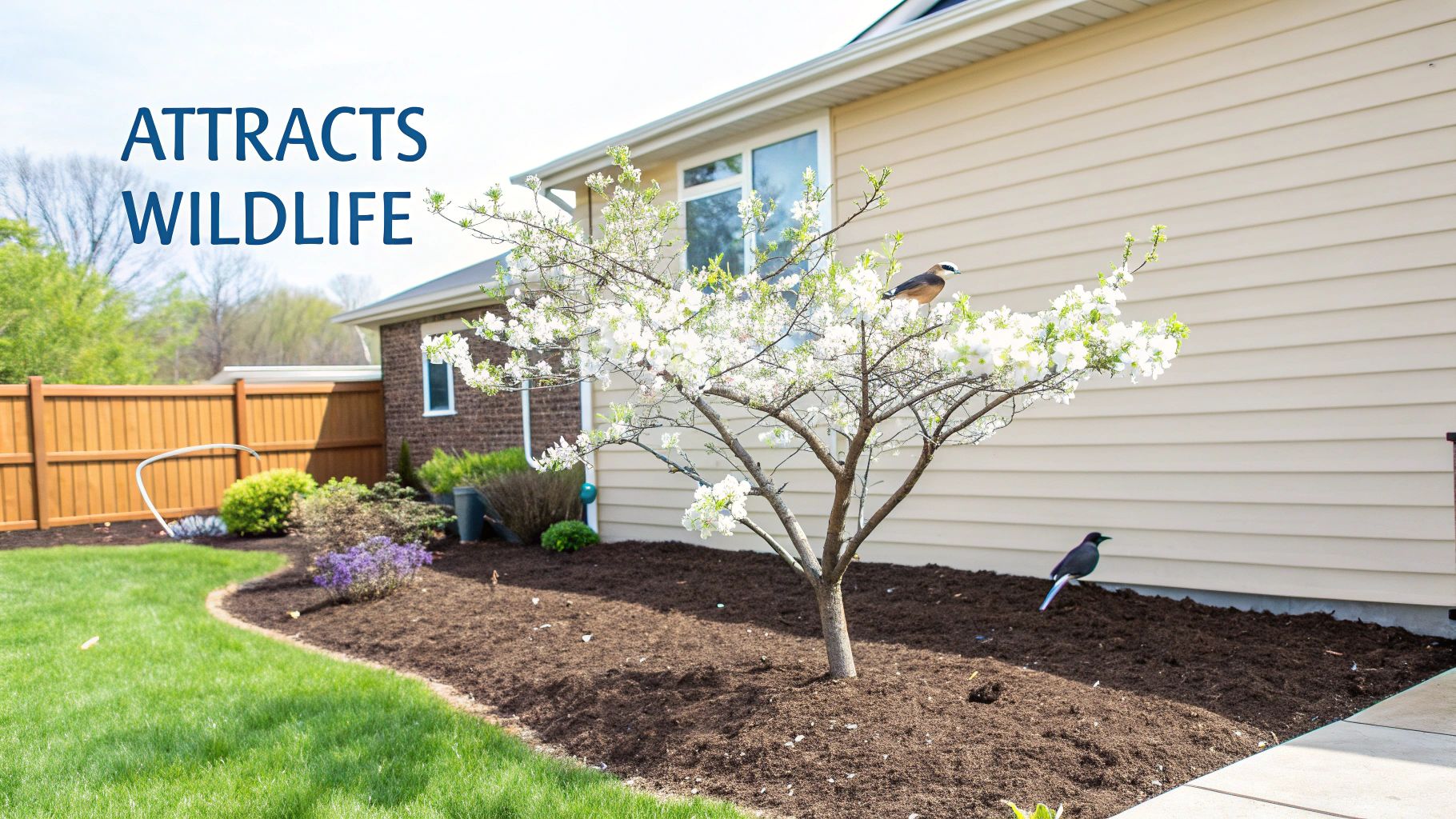 A beautiful flowering tree with white blossoms and two birds in a mulched backyard garden.