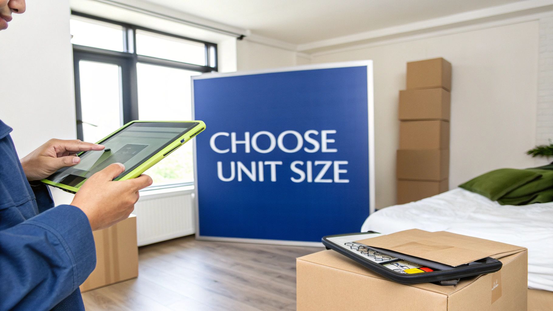 A person uses a tablet to choose a self-storage unit size in a room with moving boxes.