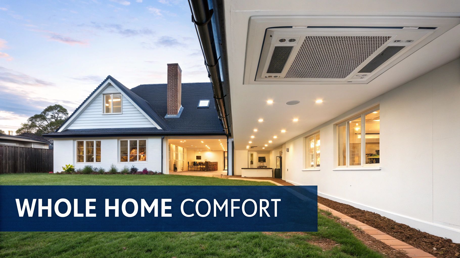 Modern white house with a covered patio featuring a prominent ducted air conditioning unit and green lawn.