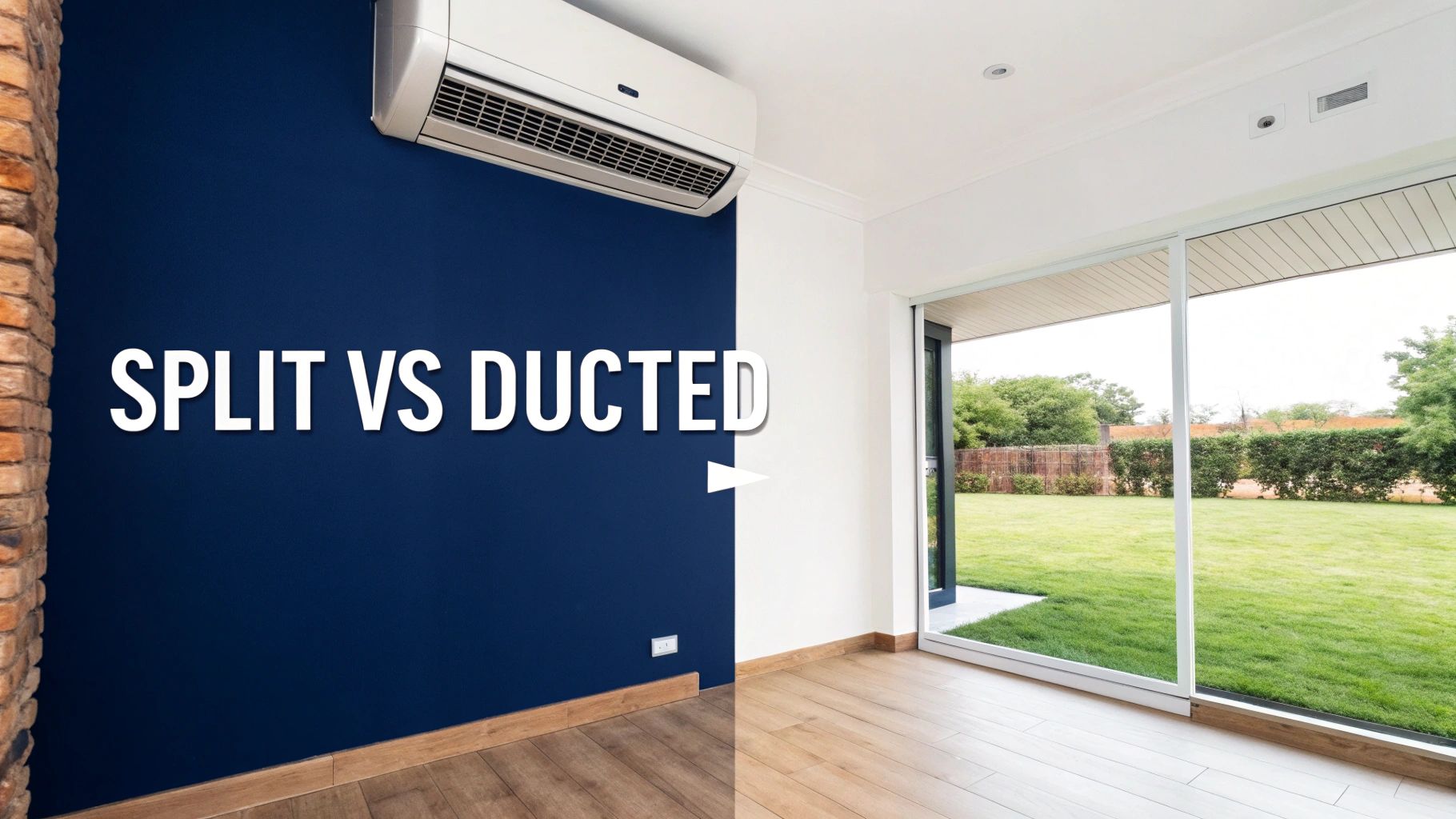 Split image comparing a wall-mounted split air conditioner to a room with ducted system vents on the ceiling.