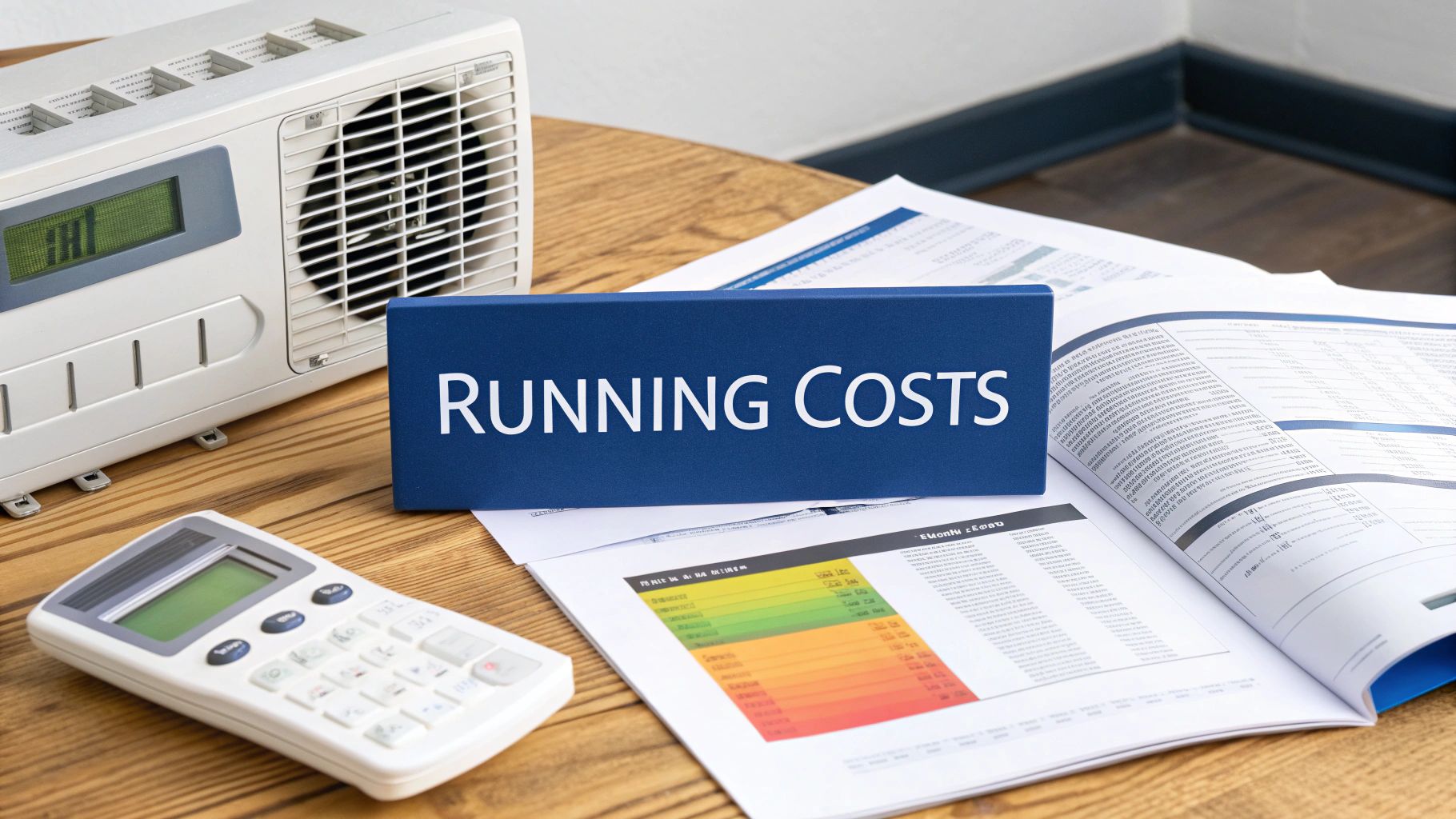A mini air conditioner unit next to a 'RUNNING COSTS' sign, calculator, and financial documents, suggesting cost analysis.