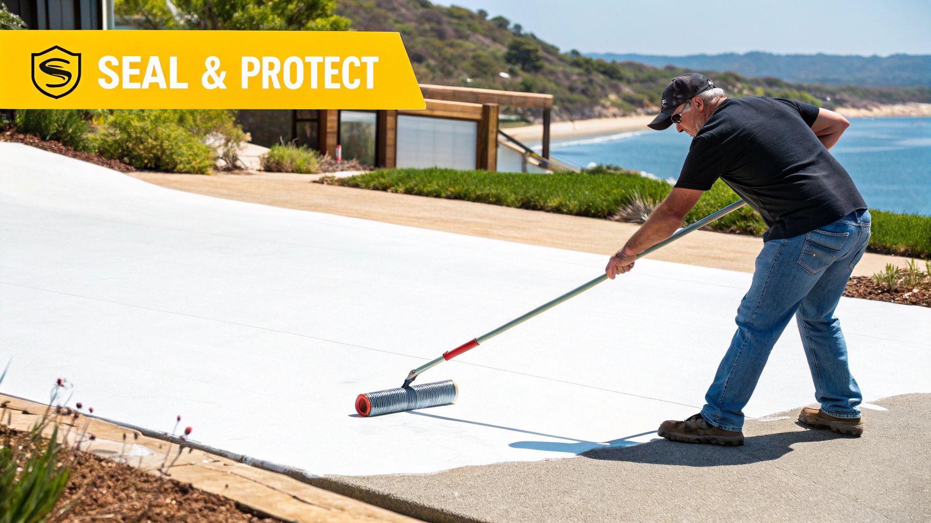 Man applies sealant to a concrete driveway with a long roller, coastal scenery in background.