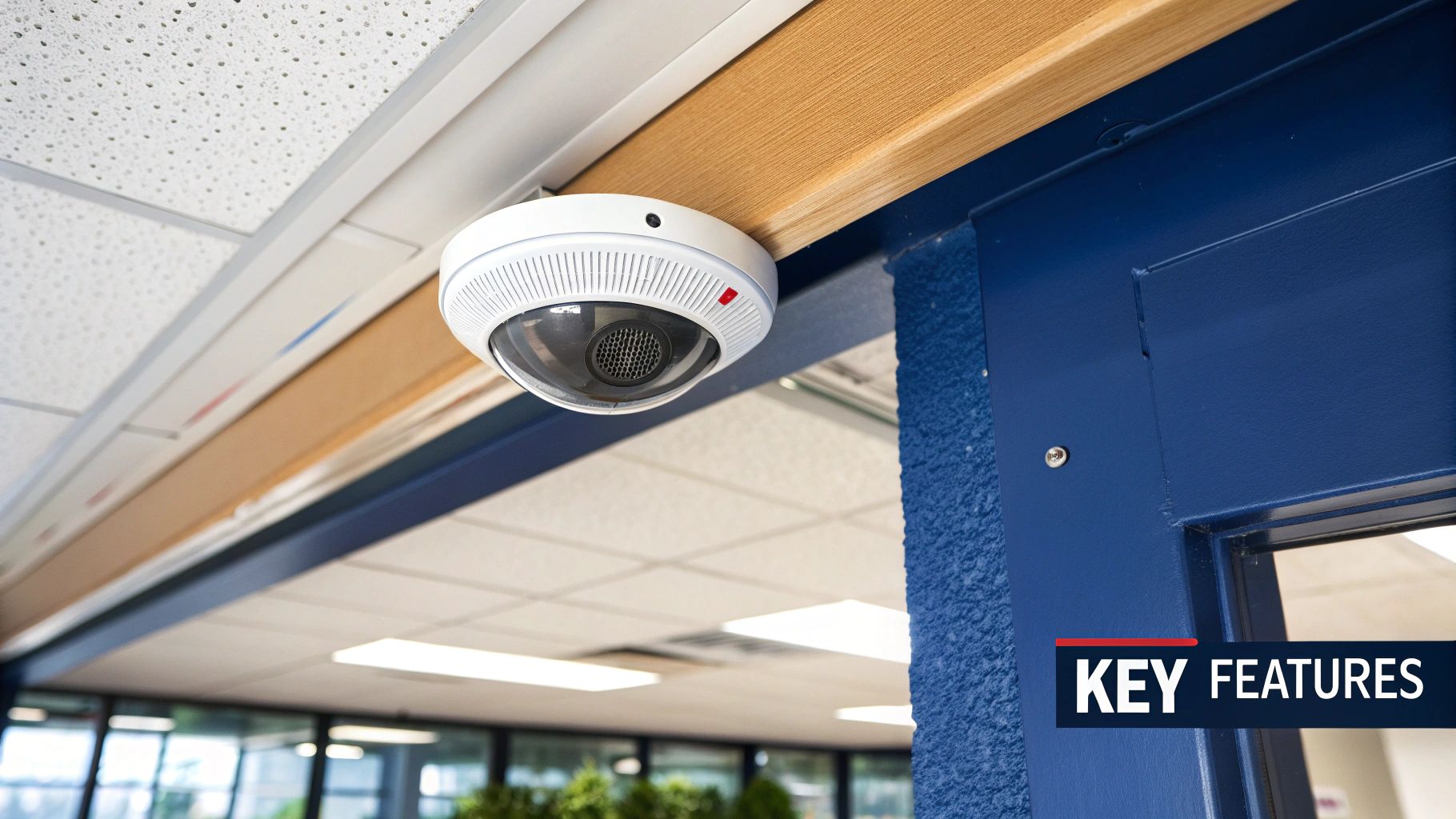 A close-up of a modern commercial burglar alarm keypad being armed.