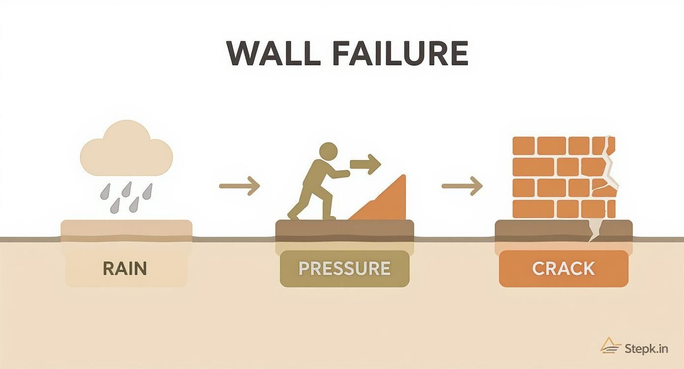 Diagram showing wall failure progression from rain to pressure to crack in brick wall
