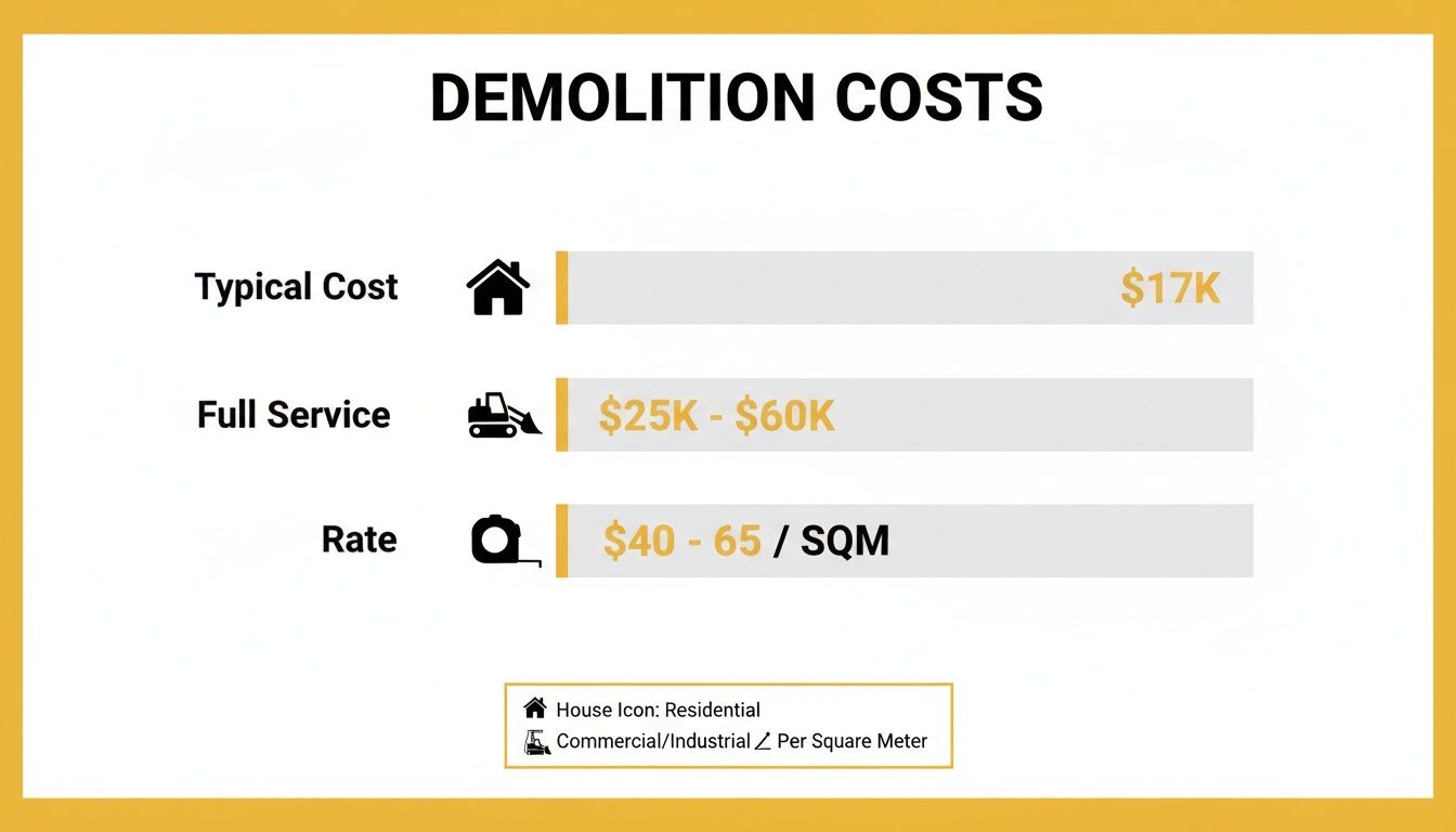 Demolition costs breakdown showing typical, full service, and per square meter rates with icons.