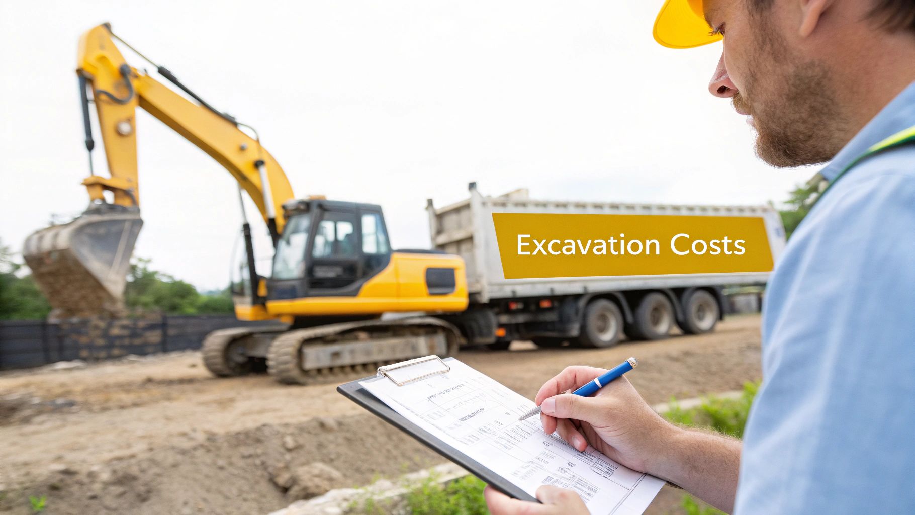 A construction worker in a hard hat reviews excavation costs on a clipboard with heavy machinery in the background.