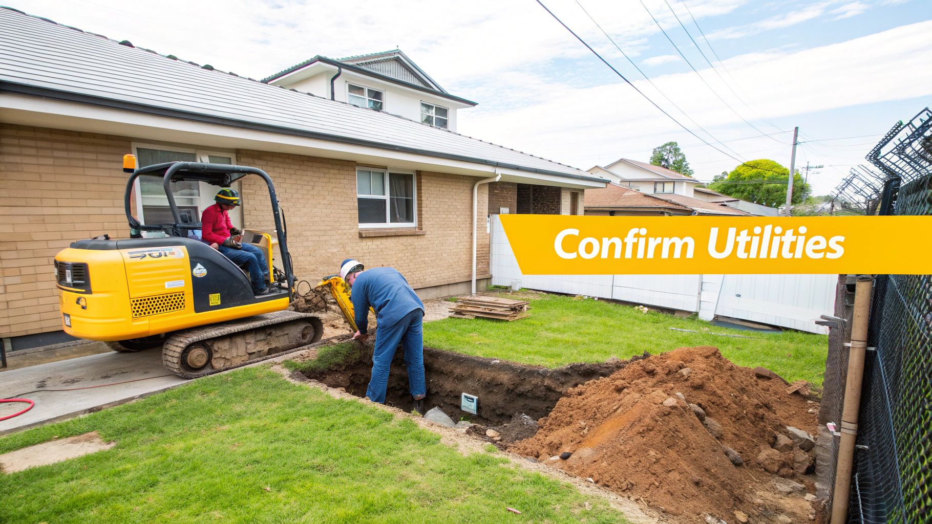 Construction workers excavating residential yard with mini excavator to confirm underground utility locations before digging