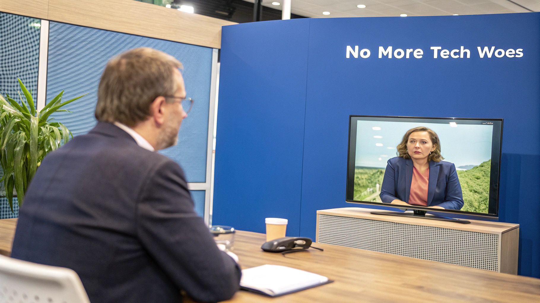 A modern office meeting room with a large screen and integrated AV technology
