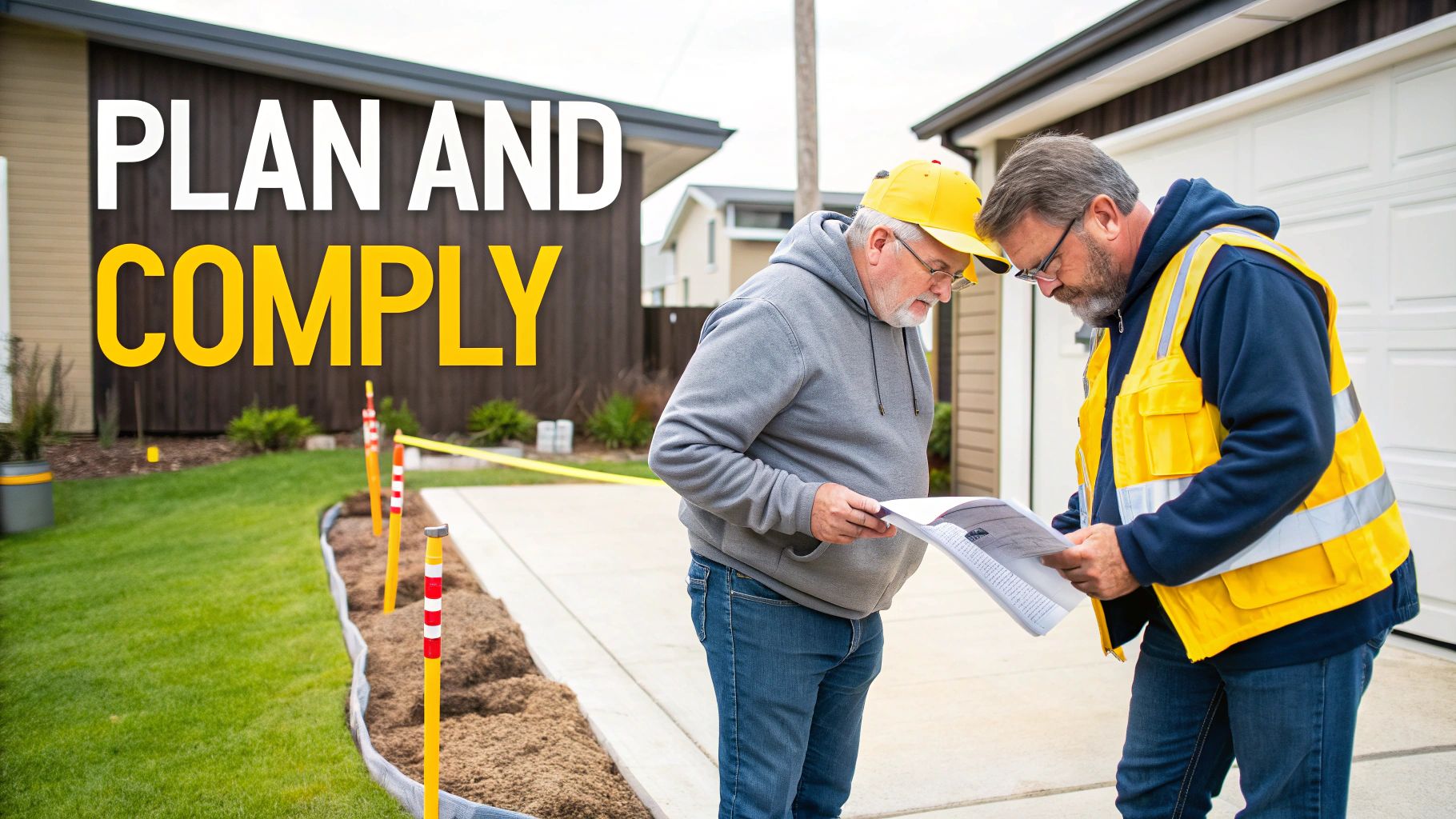 A concrete driveway being constructed, showing the formwork and site preparation.