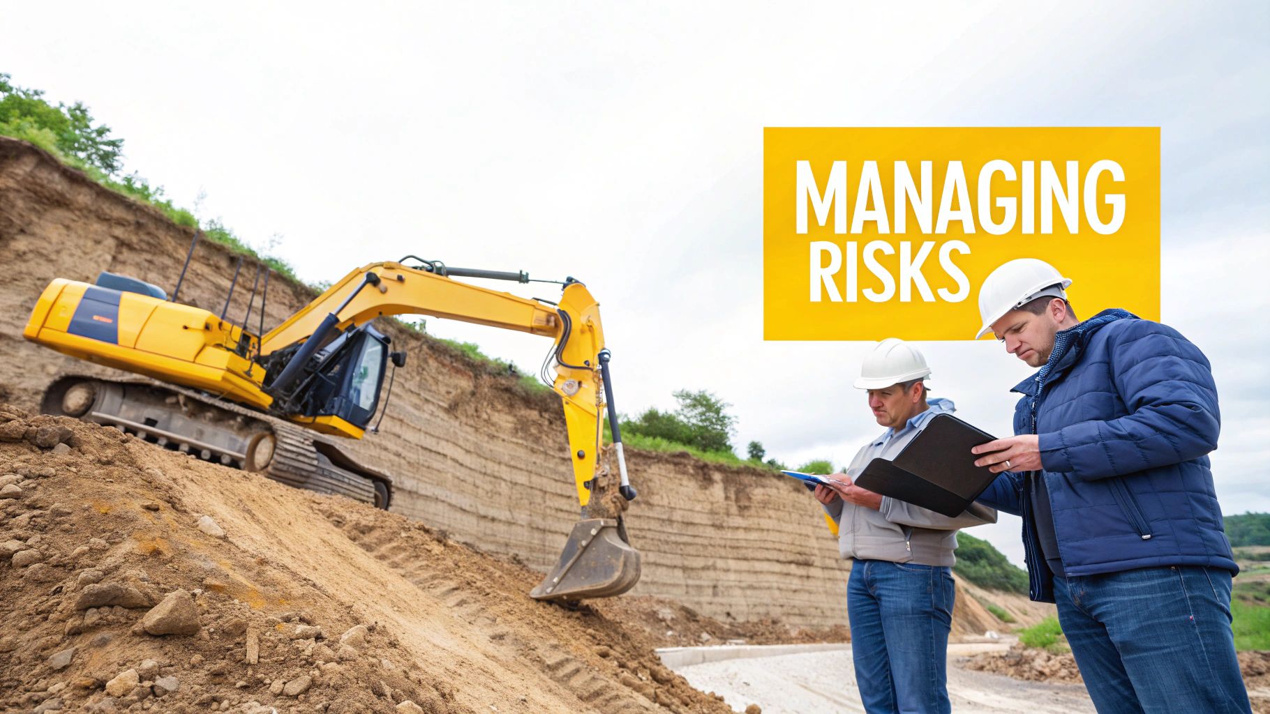 Two construction workers in hard hats review plans near a large excavator at a site.