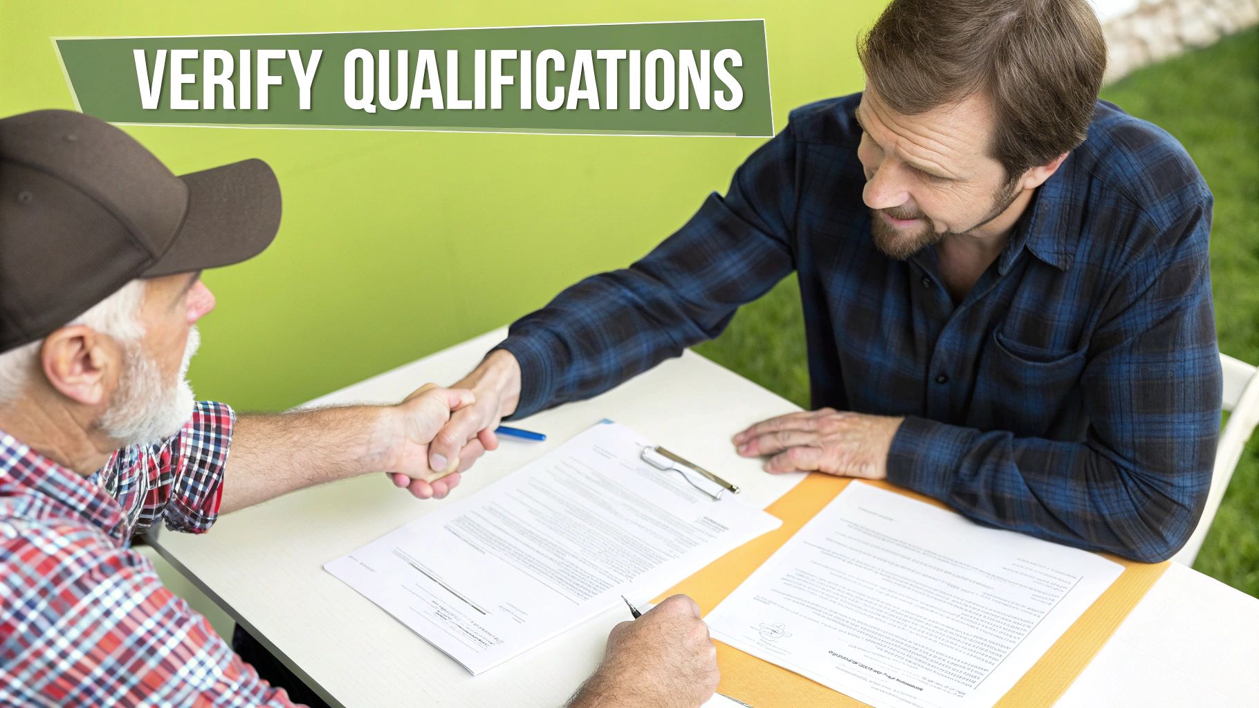 Two men, one in a cap, shake hands over documents on a table with 'VERIFY QUALIFICATIONS' text.