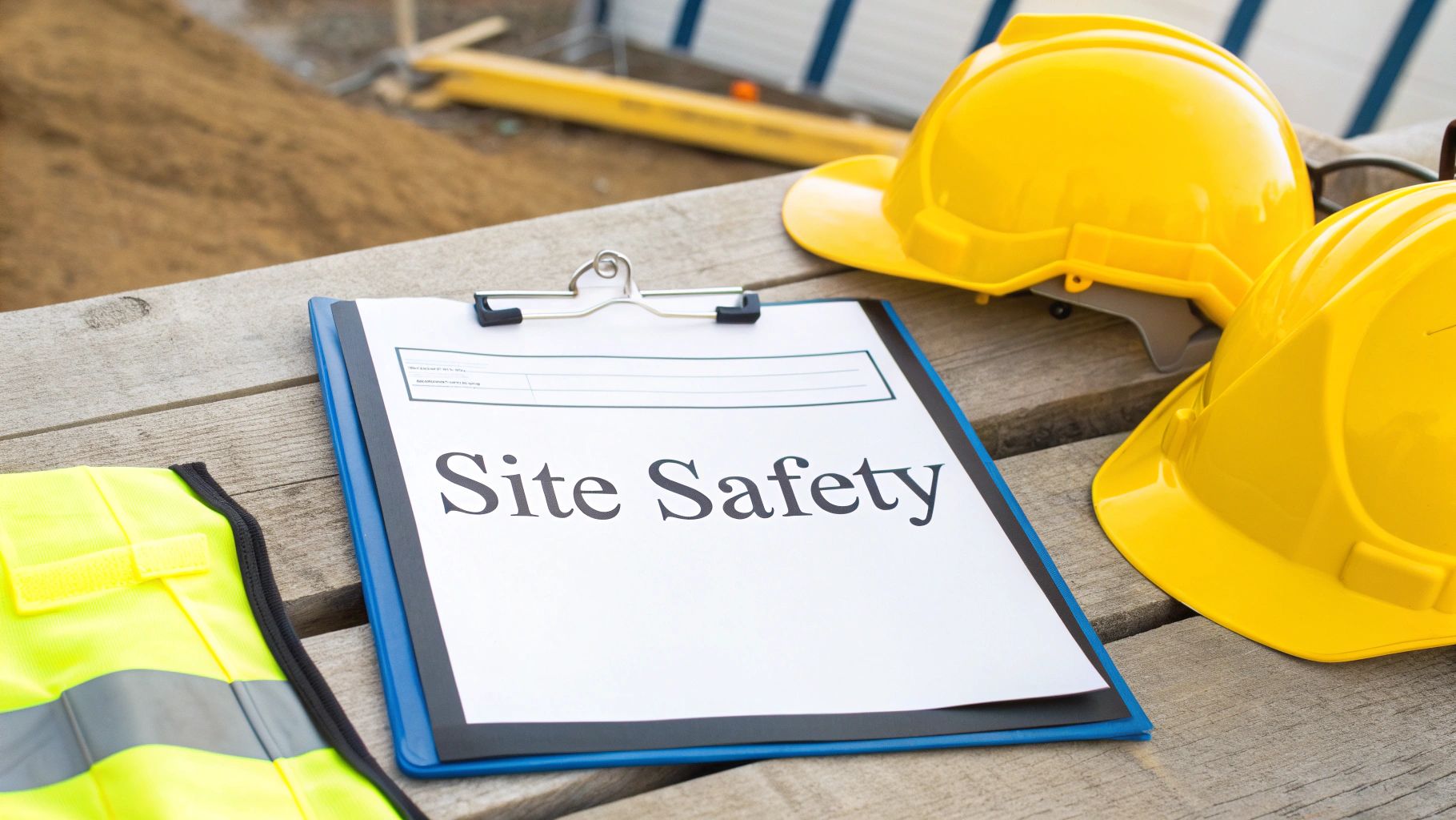 Close-up of a 'Site Safety' checklist clipboard, two yellow hard hats, and a hi-vis vest at a construction site.