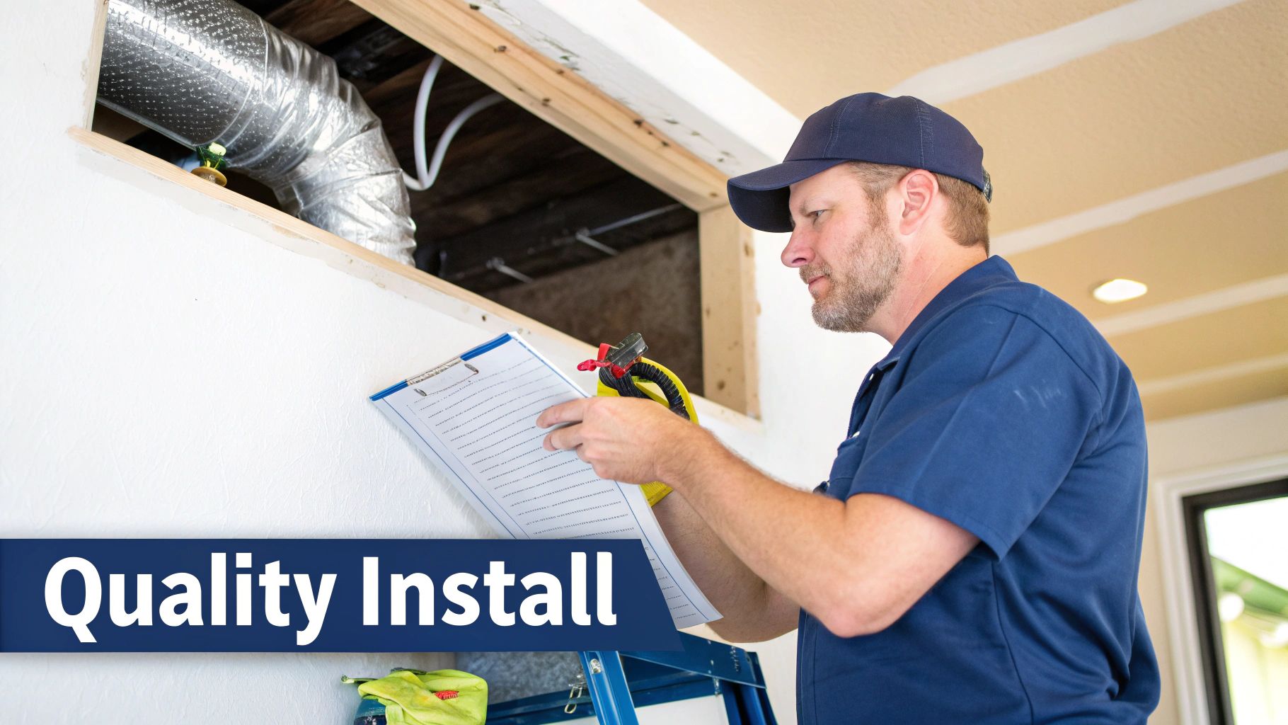 A technician inspects newly installed ducted air conditioning in a ceiling opening with a clipboard.