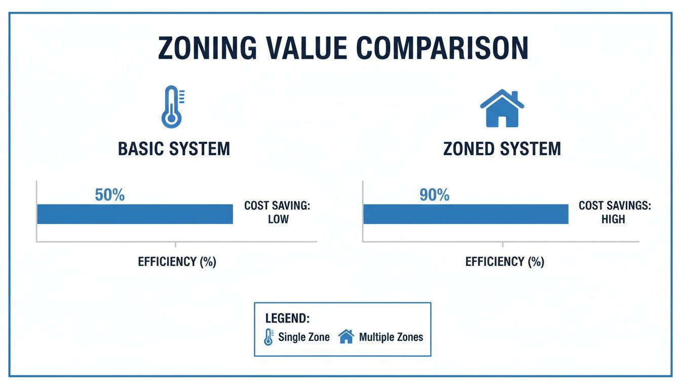 This chart compares basic and zoned HVAC systems, showing zoned systems offer higher efficiency and cost savings.