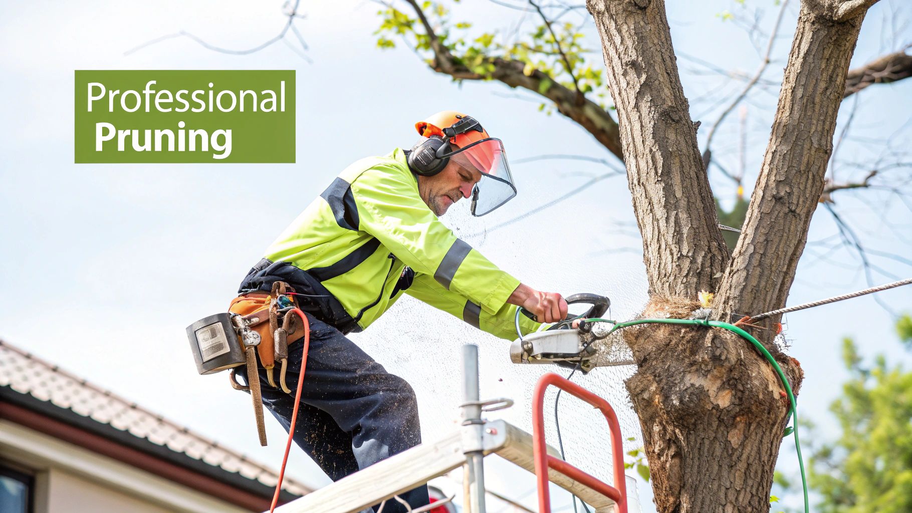 A professional arborist in safety gear uses a chainsaw to prune a tree, emphasizing professional tree care.