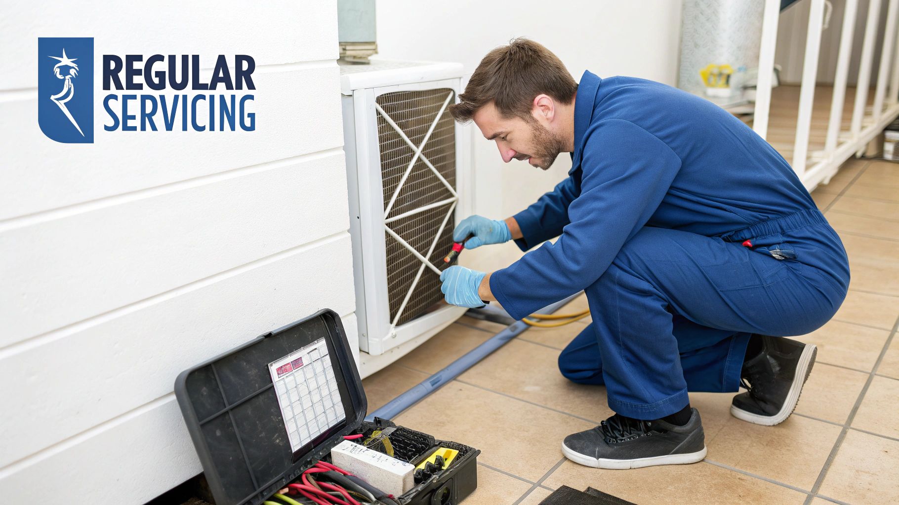 A technician in blue overalls and gloves services an outdoor air conditioning unit, with a toolbox open nearby.
