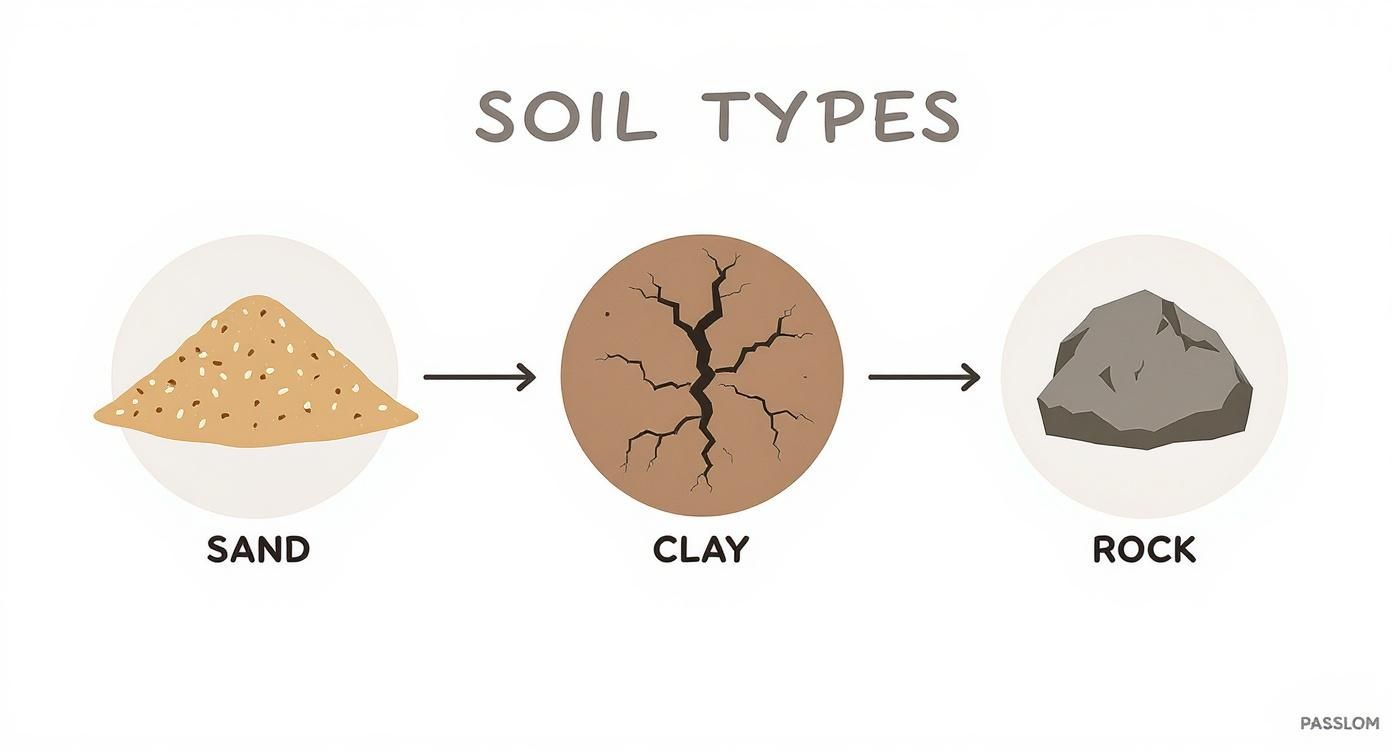 Infographic about footings excavation showing the progression from sand to clay to rock.