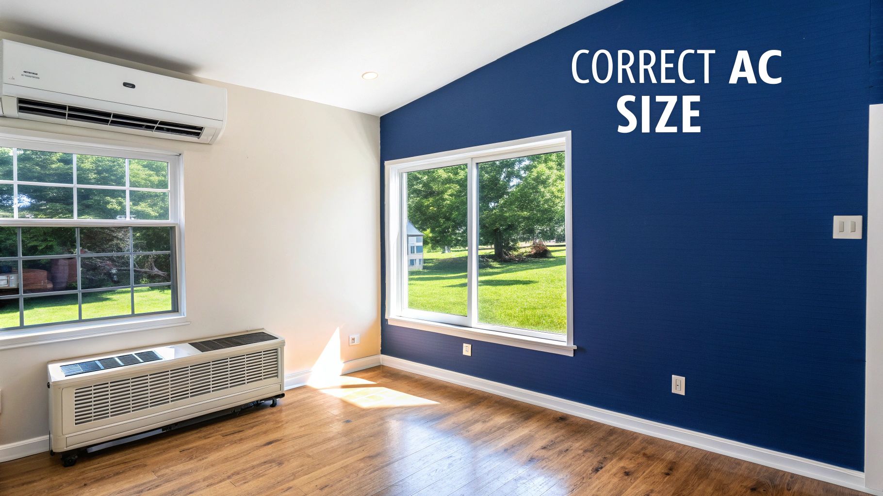 A room featuring a wall-mounted AC unit, a floor-level unit, and two windows. Text: CORRECT AC SIZE.