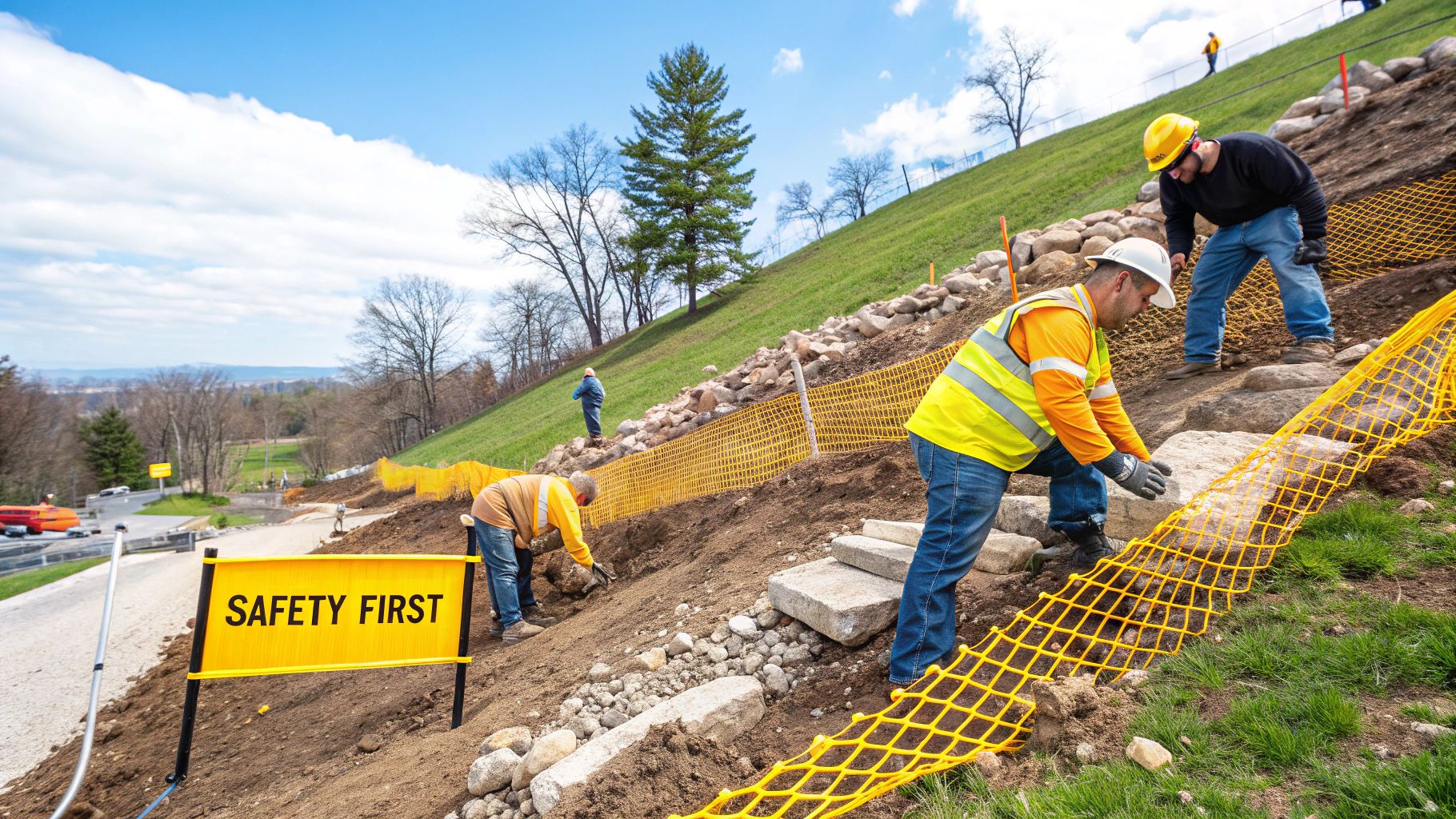 Safety fencing and erosion control measures on a residential land clearing site.