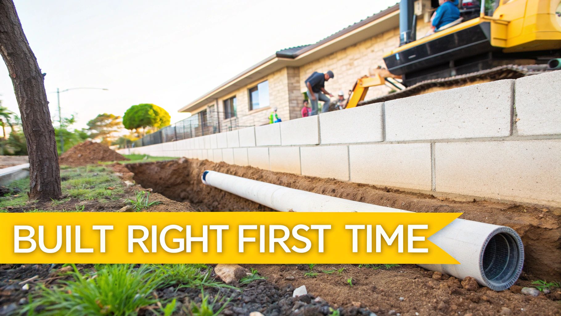 An excavator digging a trench for a retaining wall on a sloped residential property.