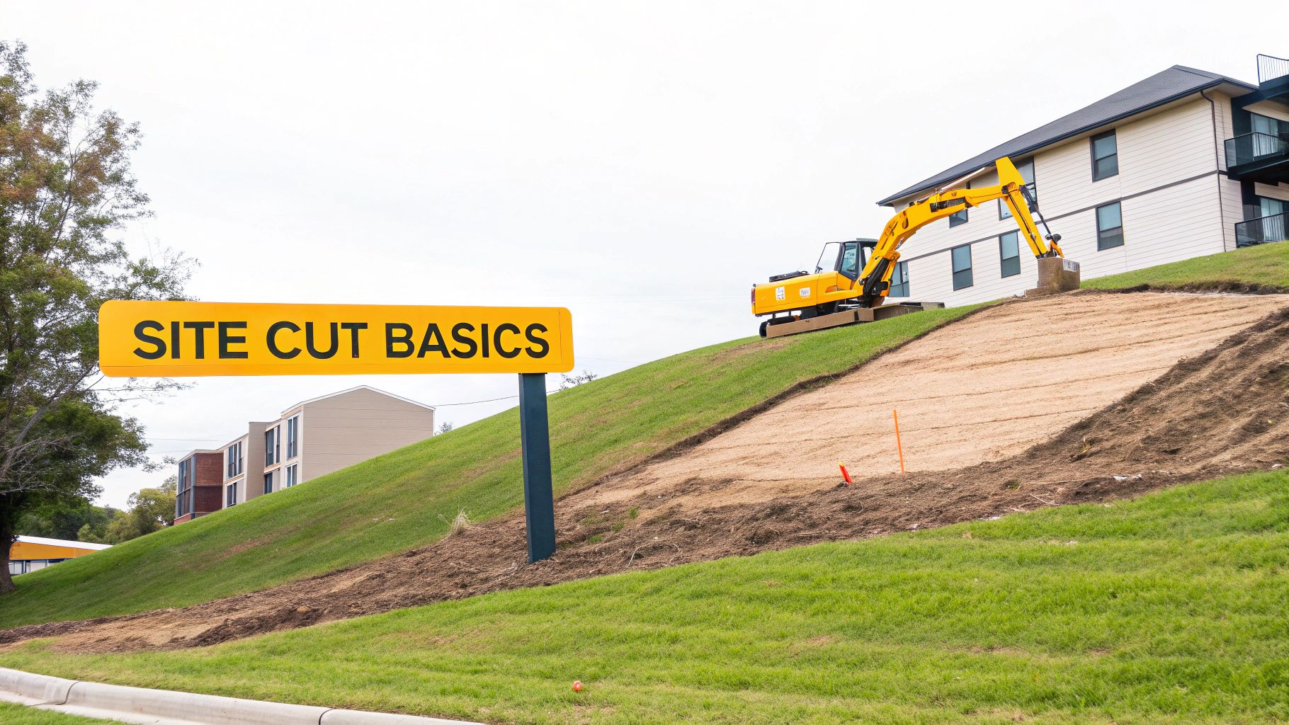 A yellow excavator on a construction site slope with a 'SITE CUT BASICS' sign.