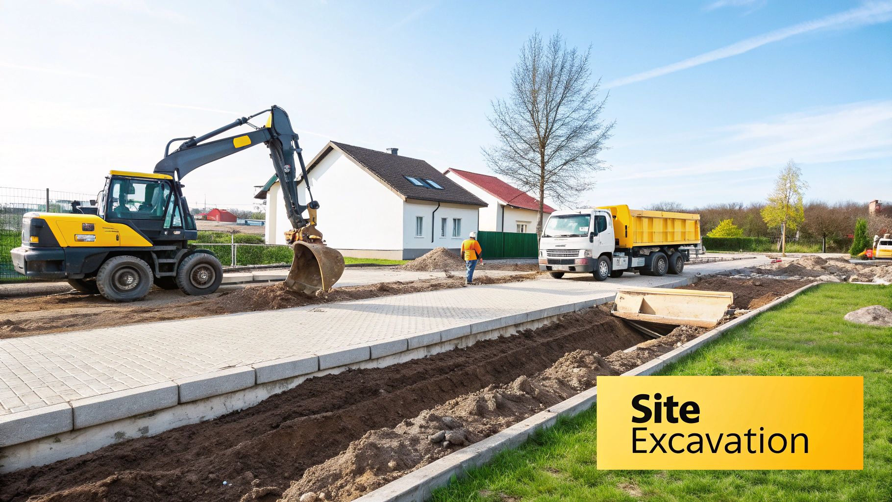 An outdoor construction site features an excavator, a dump truck, and a worker engaged in site excavation activities.